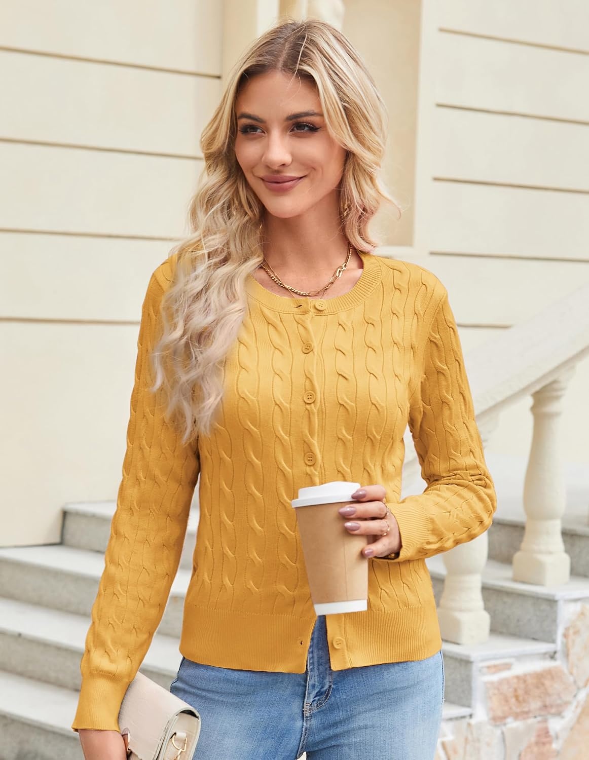 image:imageGRACE KARIN Cable Knit Cardigan Sweaters for Women Lightweight Fall OutfitsYellow