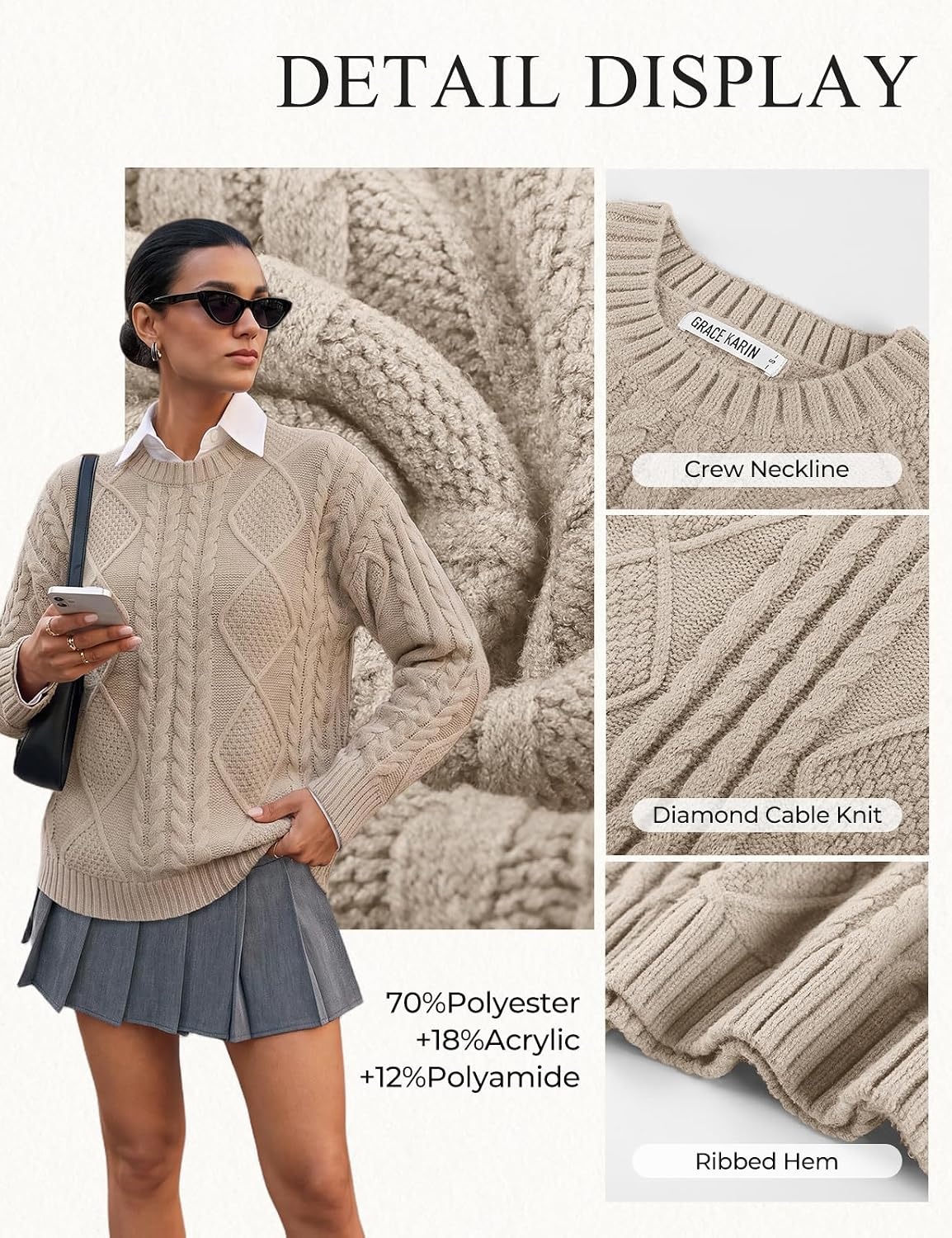 image:imageGRACE KARIN Cable Knit Sweater Women Crewneck Pullover TopsApricot