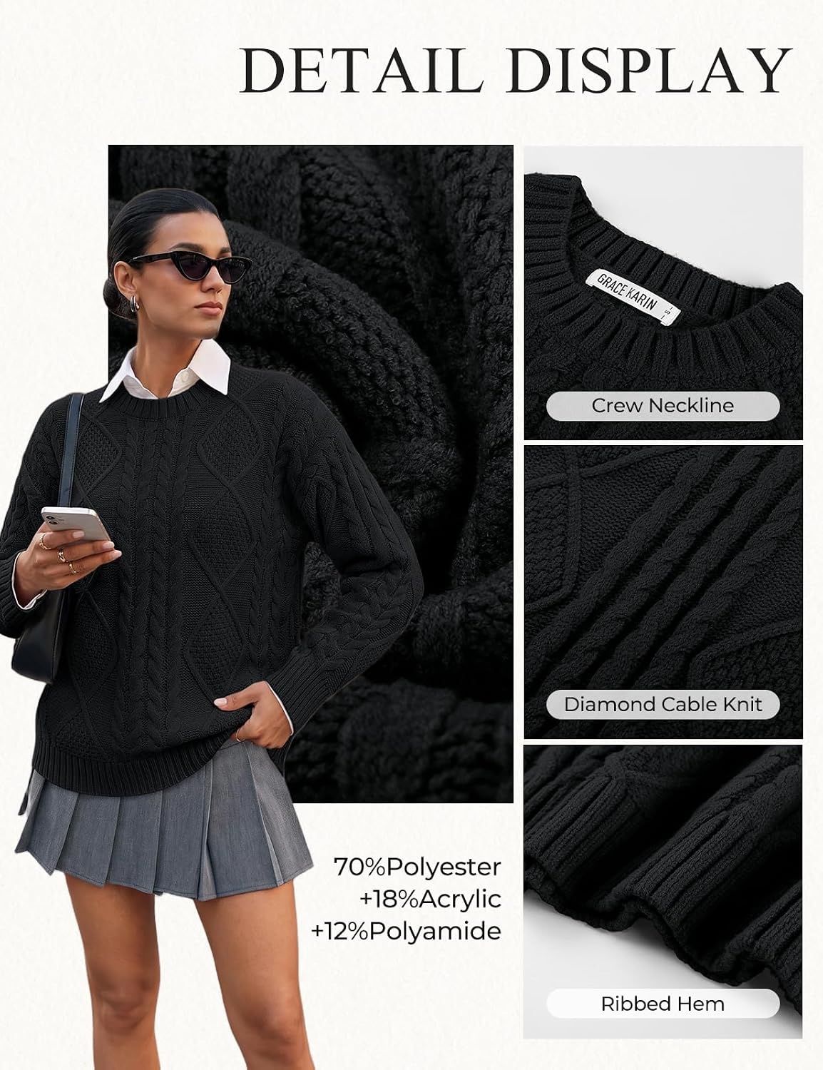 image:imageGRACE KARIN Cable Knit Sweater Women Crewneck Pullover TopsBlack