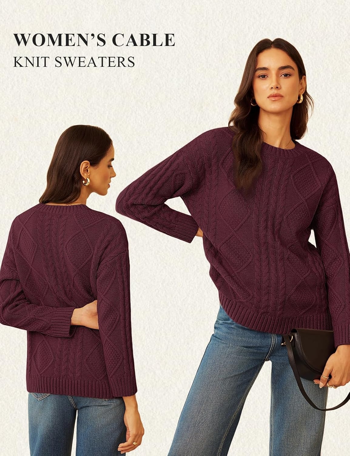 image:imageGRACE KARIN Cable Knit Sweater Women Crewneck Pullover TopsBurgundy