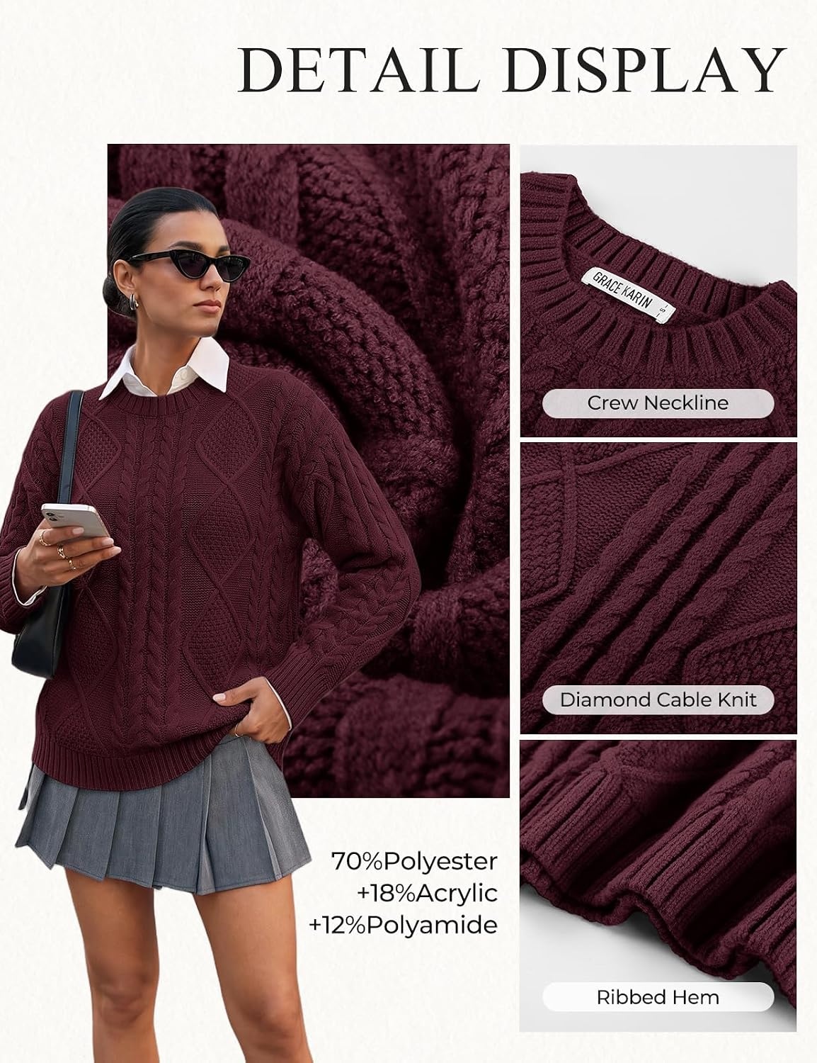 image:imageGRACE KARIN Cable Knit Sweater Women Crewneck Pullover TopsBurgundy