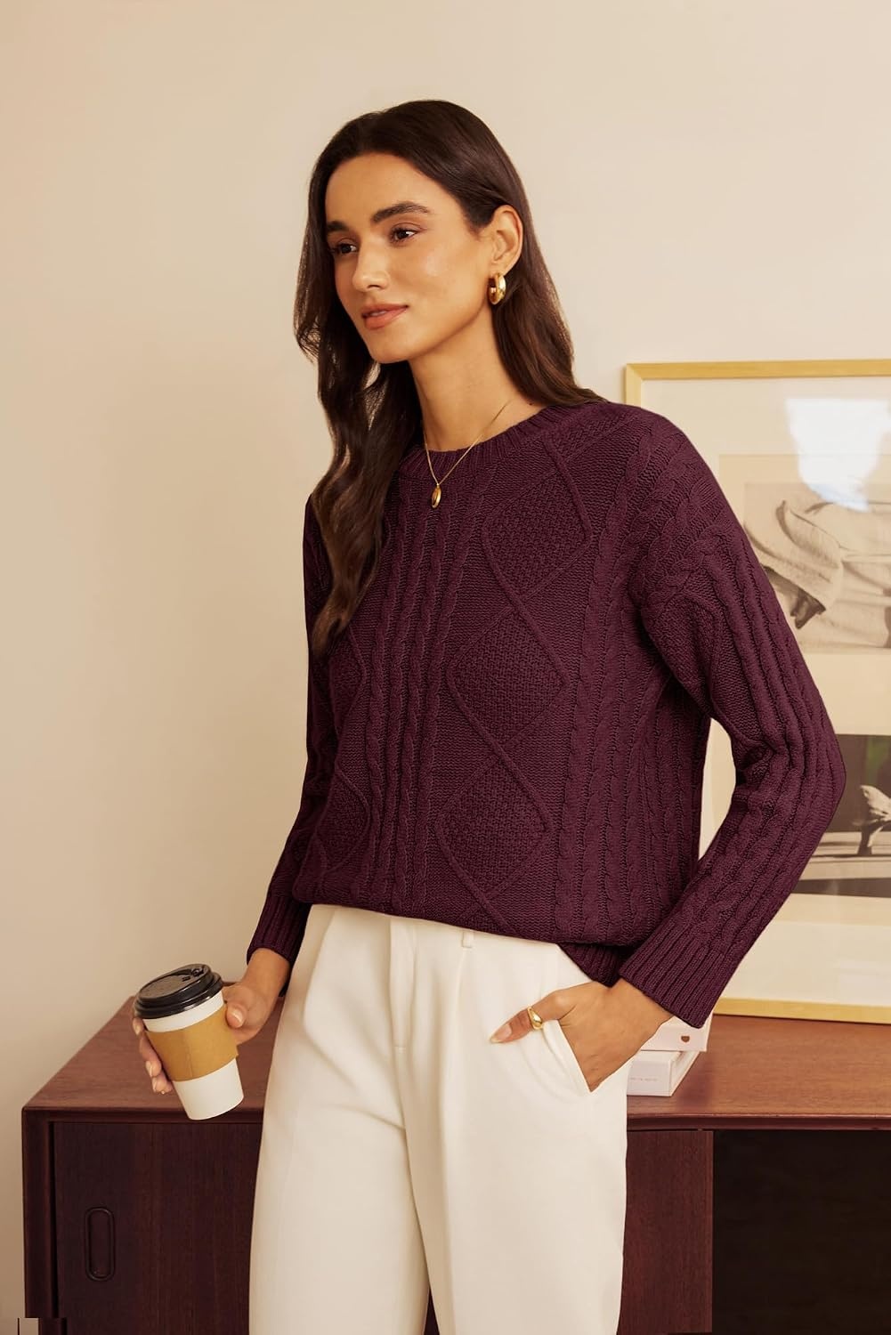 image:imageGRACE KARIN Cable Knit Sweater Women Crewneck Pullover TopsBurgundy