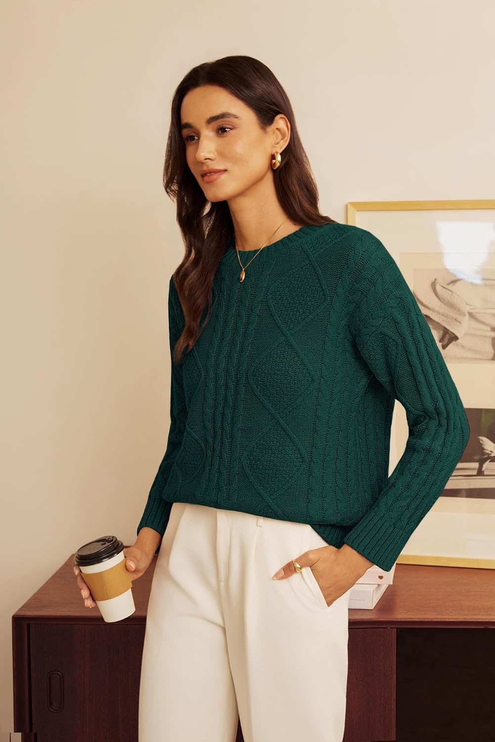 image:imageGRACE KARIN Cable Knit Sweater Women Crewneck Pullover TopsDark Green