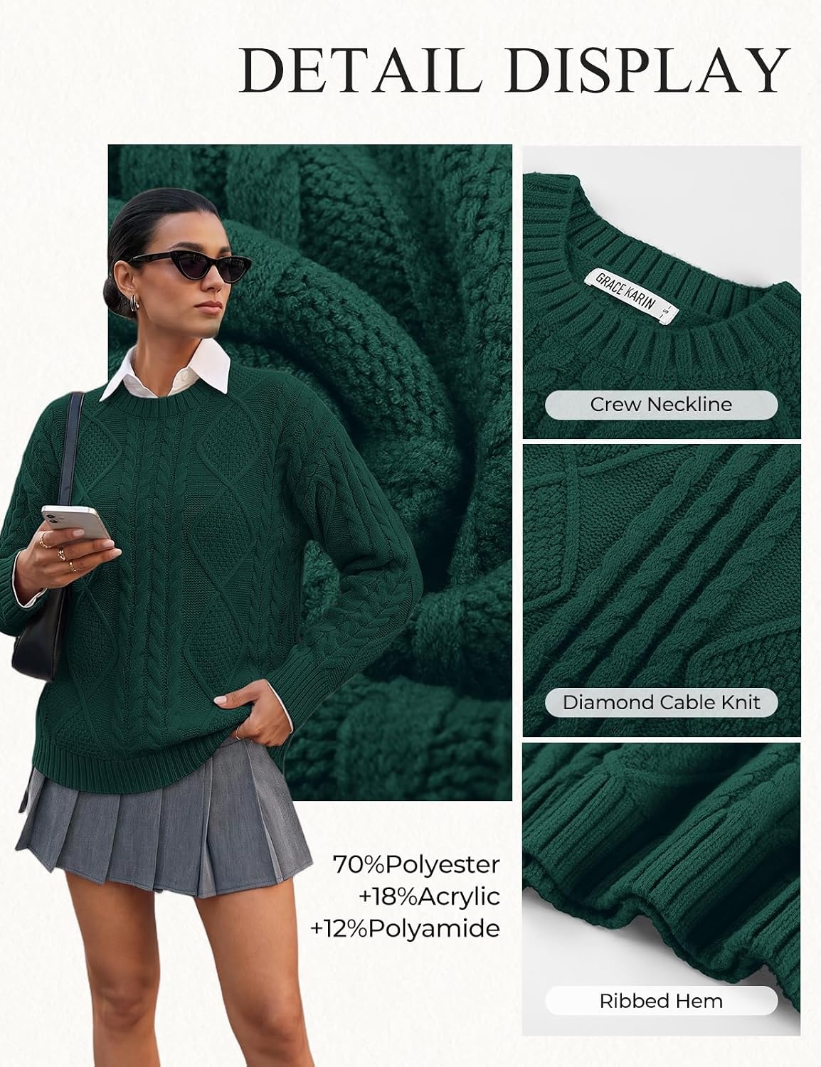 image:imageGRACE KARIN Cable Knit Sweater Women Crewneck Pullover TopsDark Green