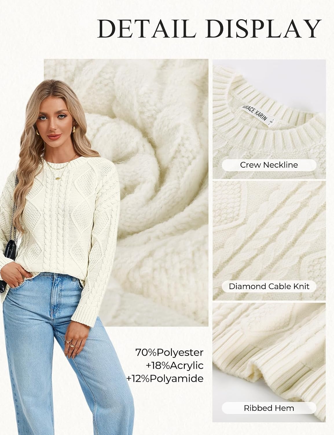 image:imageGRACE KARIN Cable Knit Sweater Women Crewneck Pullover TopsIvory White