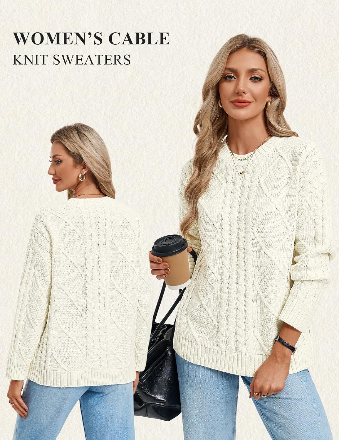 image:imageGRACE KARIN Cable Knit Sweater Women Crewneck Pullover TopsIvory White