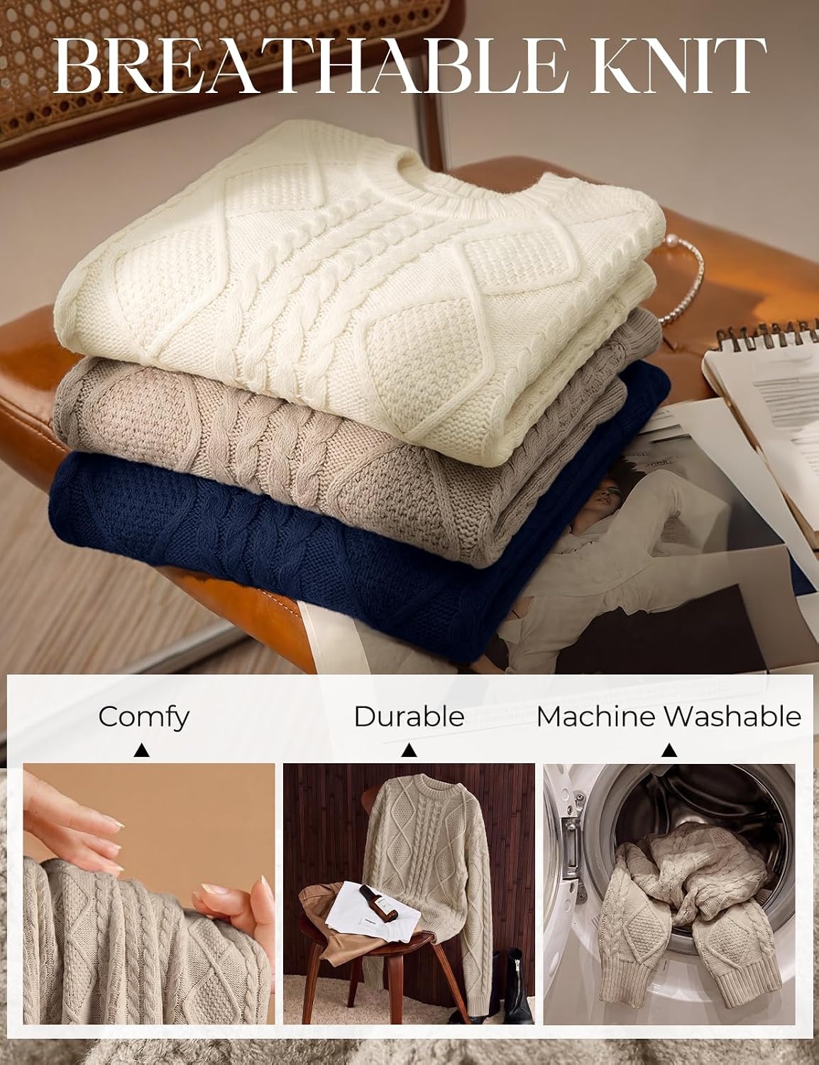 image:imageGRACE KARIN Cable Knit Sweater Women Crewneck Pullover TopsNavy
