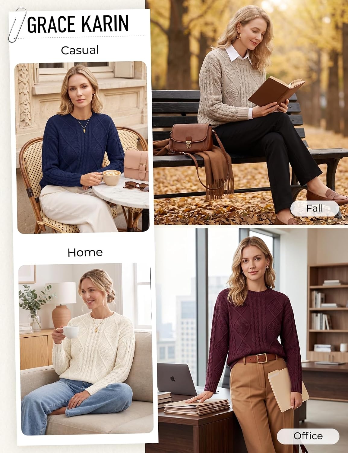 image:imageGRACE KARIN Cable Knit Sweater Women Crewneck Pullover TopsNavy