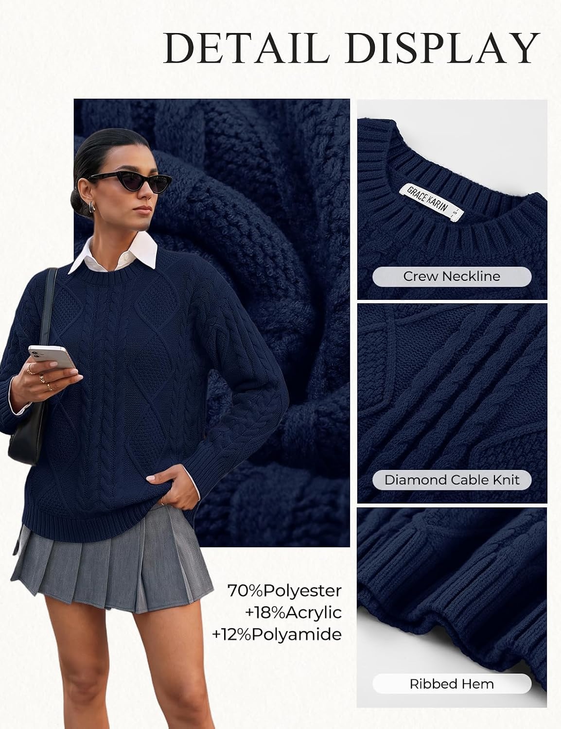 image:imageGRACE KARIN Cable Knit Sweater Women Crewneck Pullover TopsNavy