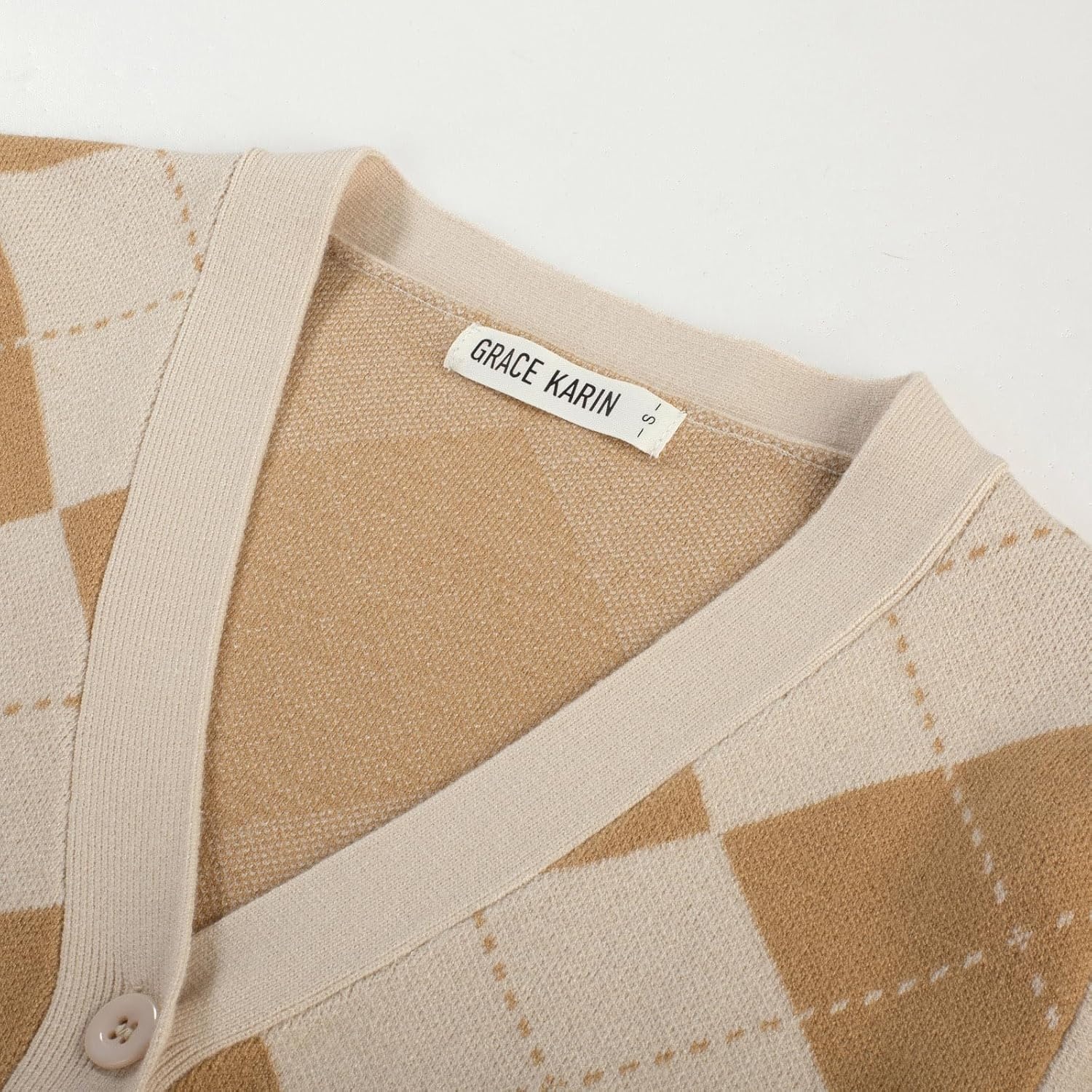 image:imageGRACE KARIN Cardigan Sweaters for Women Fall Argyle Sweater Preppy ClothesApricot Ivory