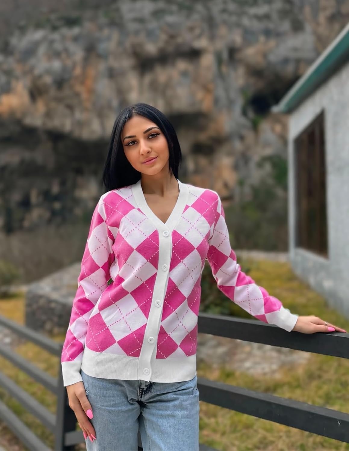 image:imageGRACE KARIN Cardigan Sweaters for Women Fall Argyle Sweater Preppy ClothesPink White