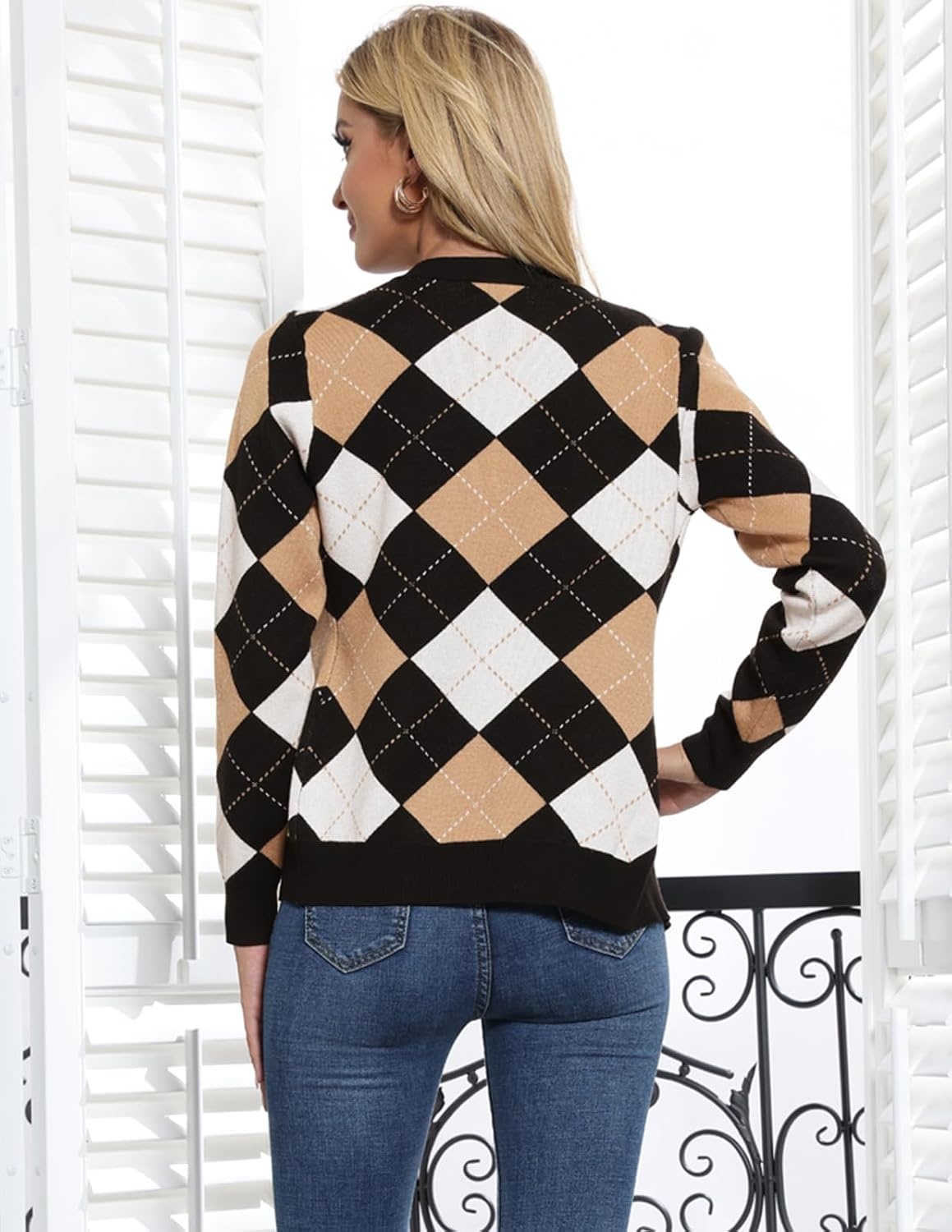 image:imageGRACE KARIN Cardigan Sweaters for Women Fall Argyle Sweater Preppy ClothesPlaid Camel White