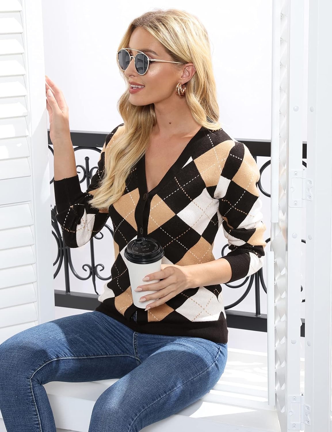 image:imageGRACE KARIN Cardigan Sweaters for Women Fall Argyle Sweater Preppy ClothesPlaid Camel White
