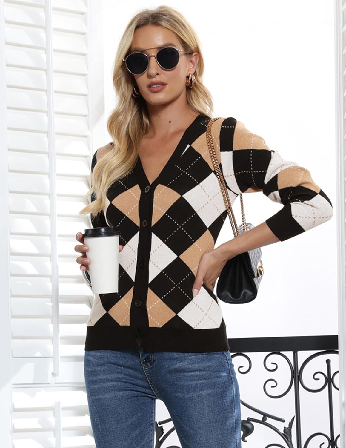 image:imageGRACE KARIN Cardigan Sweaters for Women Fall Argyle Sweater Preppy ClothesPlaid Camel White