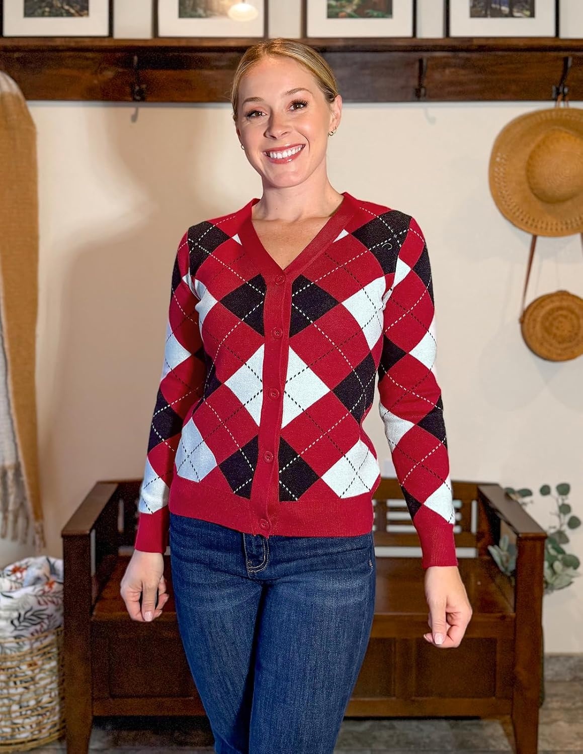 image:imageGRACE KARIN Cardigan Sweaters for Women Fall Argyle Sweater Preppy ClothesPlaid Deep Red