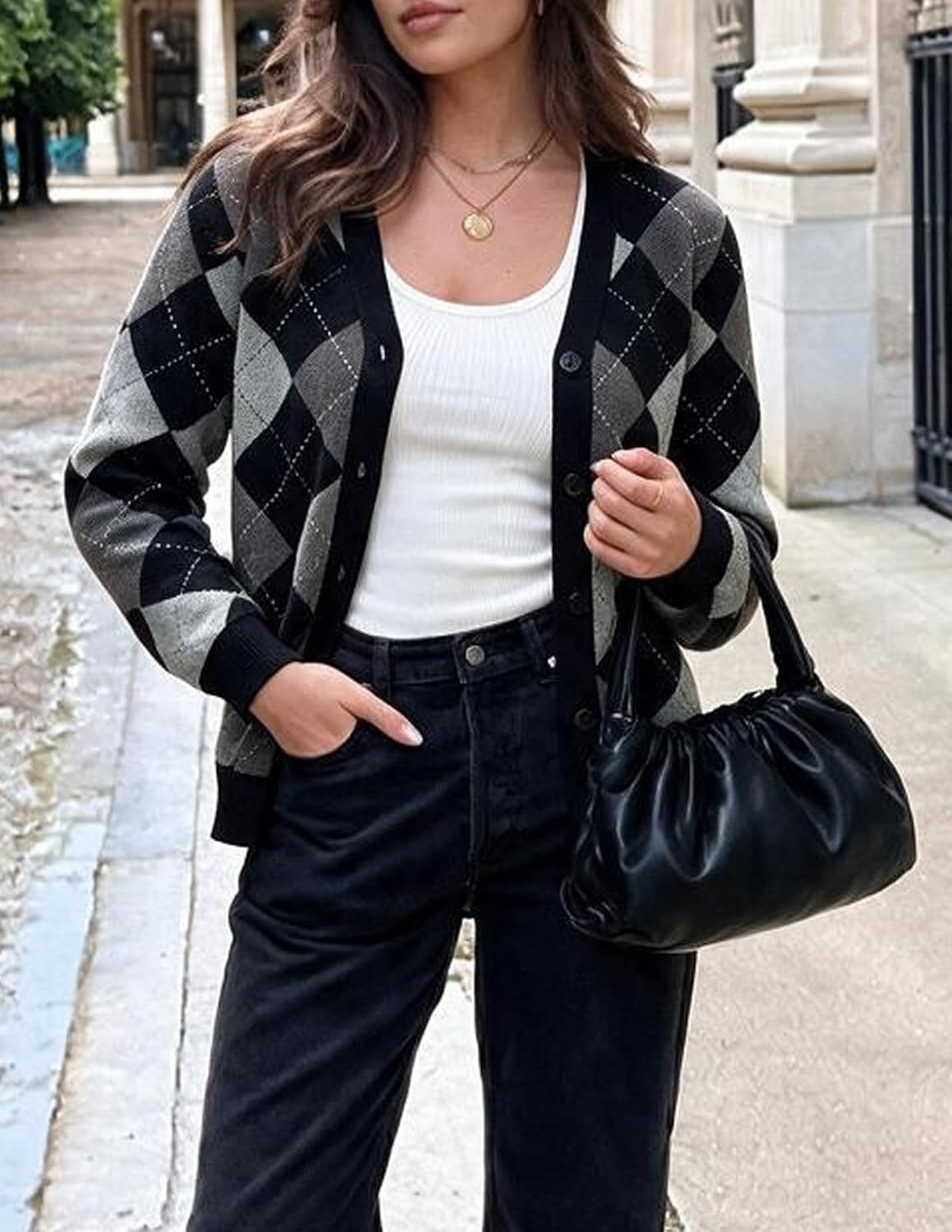 image:imageGRACE KARIN Cardigan Sweaters for Women Fall Argyle Sweater Preppy ClothesPlaid Gray Black