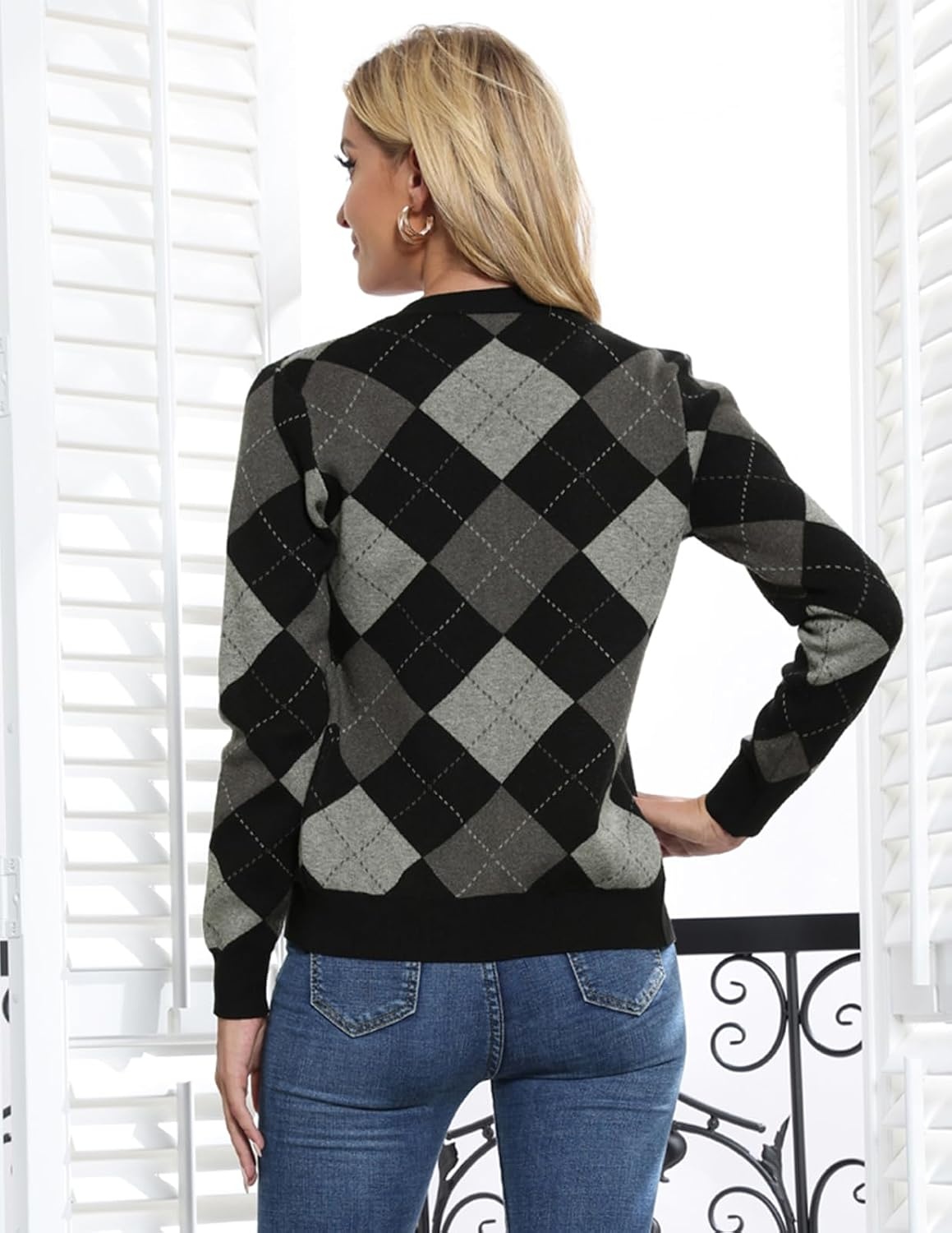 image:imageGRACE KARIN Cardigan Sweaters for Women Fall Argyle Sweater Preppy ClothesPlaid Gray Black