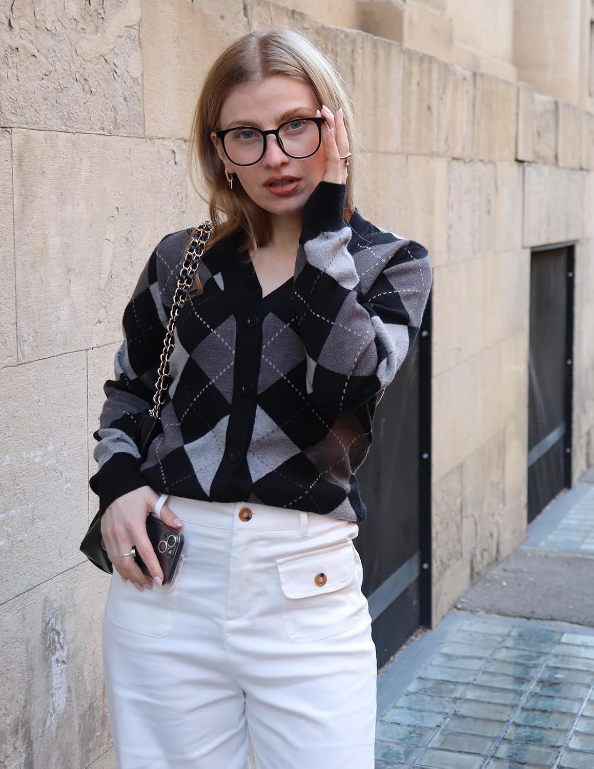 image:imageGRACE KARIN Cardigan Sweaters for Women Fall Argyle Sweater Preppy ClothesPlaid Gray Black