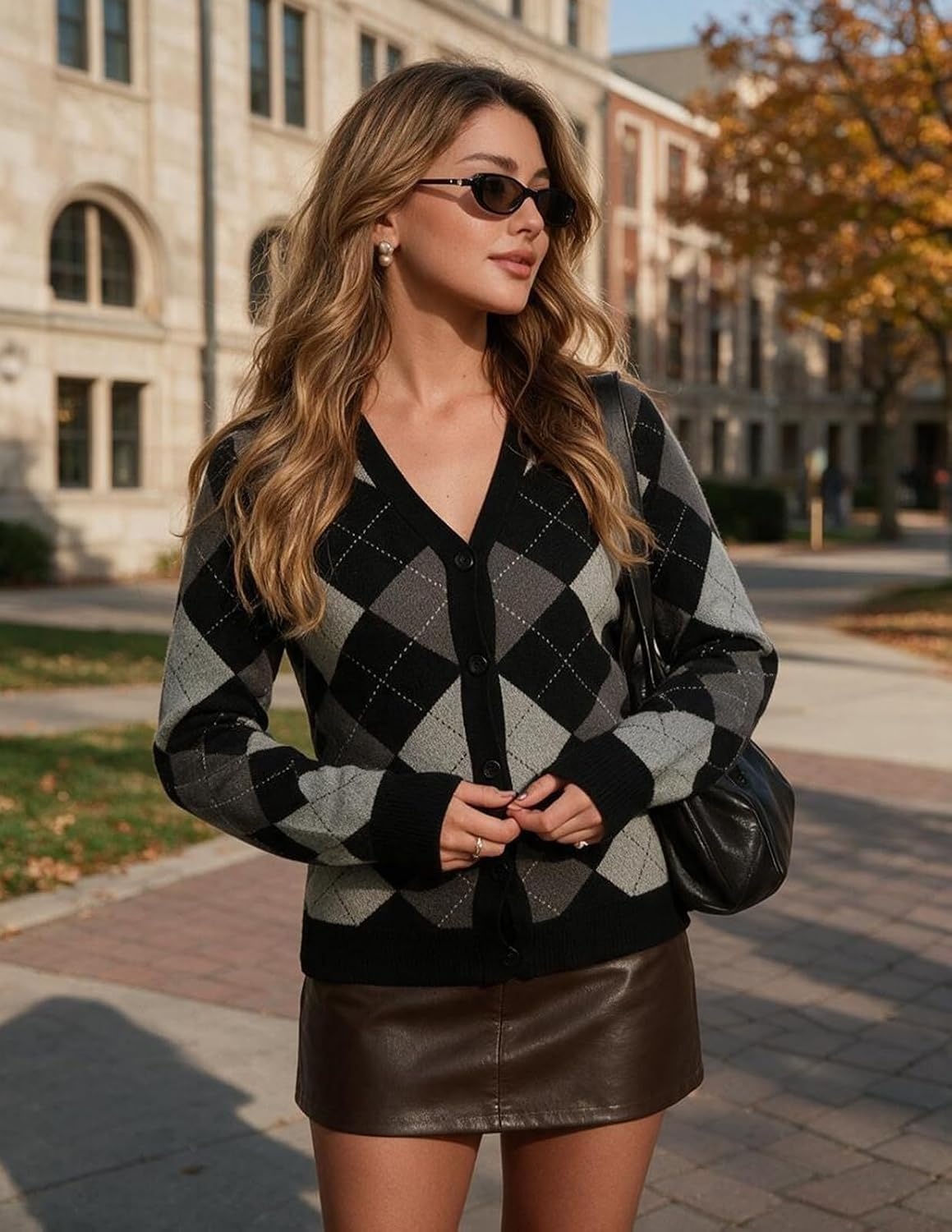 image:imageGRACE KARIN Cardigan Sweaters for Women Fall Argyle Sweater Preppy ClothesPlaid Gray Black
