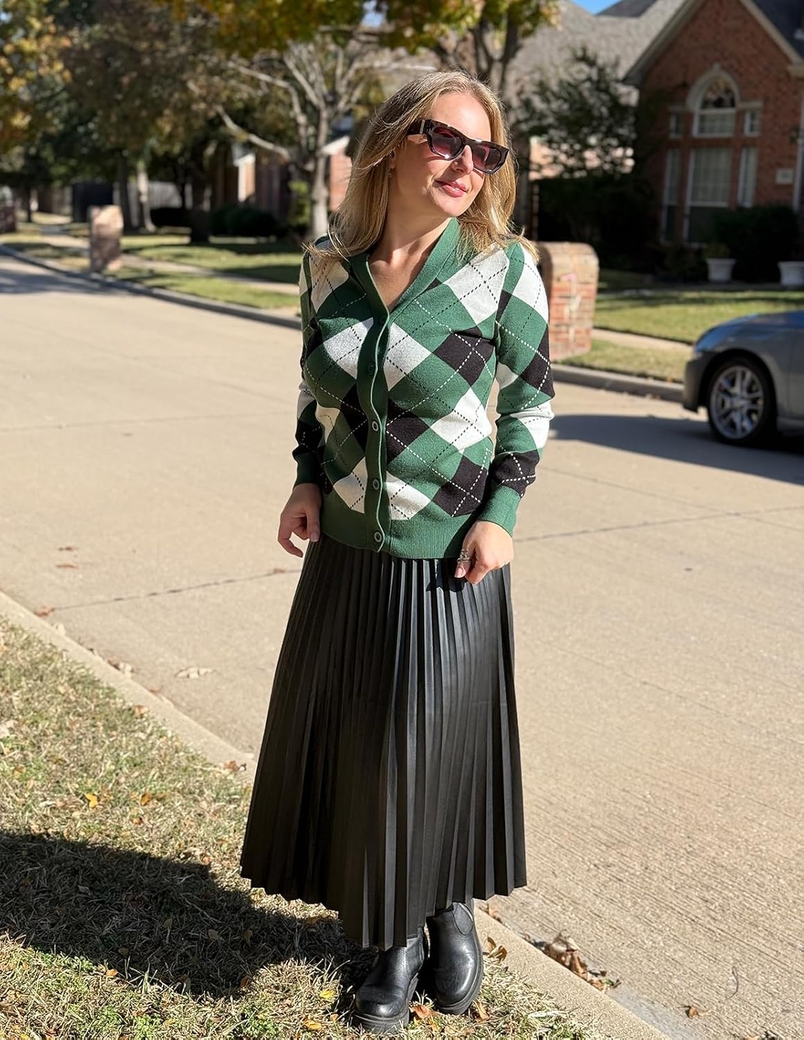 image:imageGRACE KARIN Cardigan Sweaters for Women Fall Argyle Sweater Preppy ClothesPlaid Green White