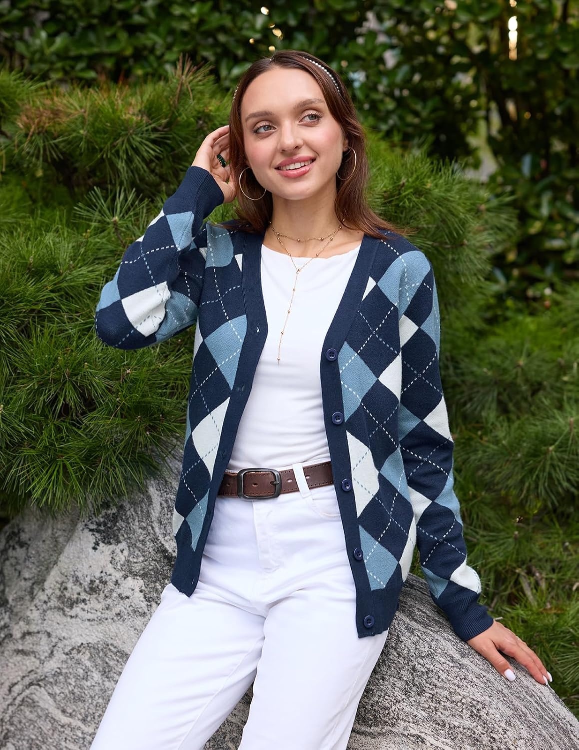 image:imageGRACE KARIN Cardigan Sweaters for Women Fall Argyle Sweater Preppy ClothesPlaid Light Blue