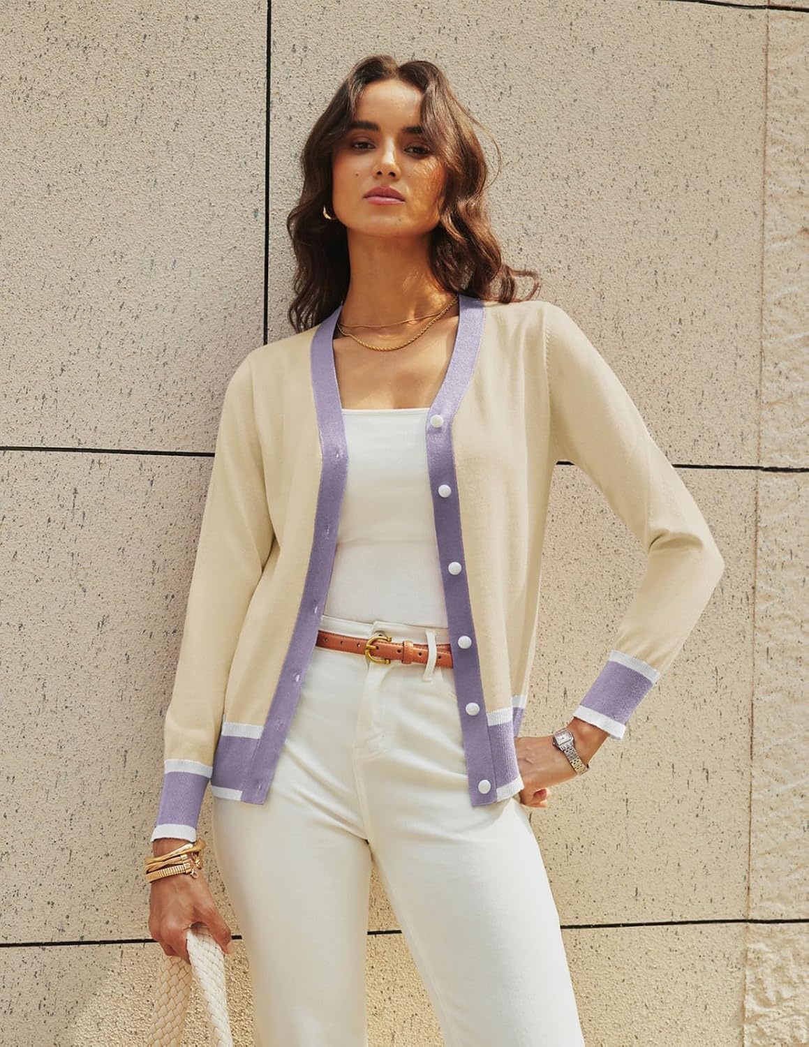image:imageGRACE KARIN Cardigan Sweaters for Women Fall Lightweight Cropped CardiganBeige Purple