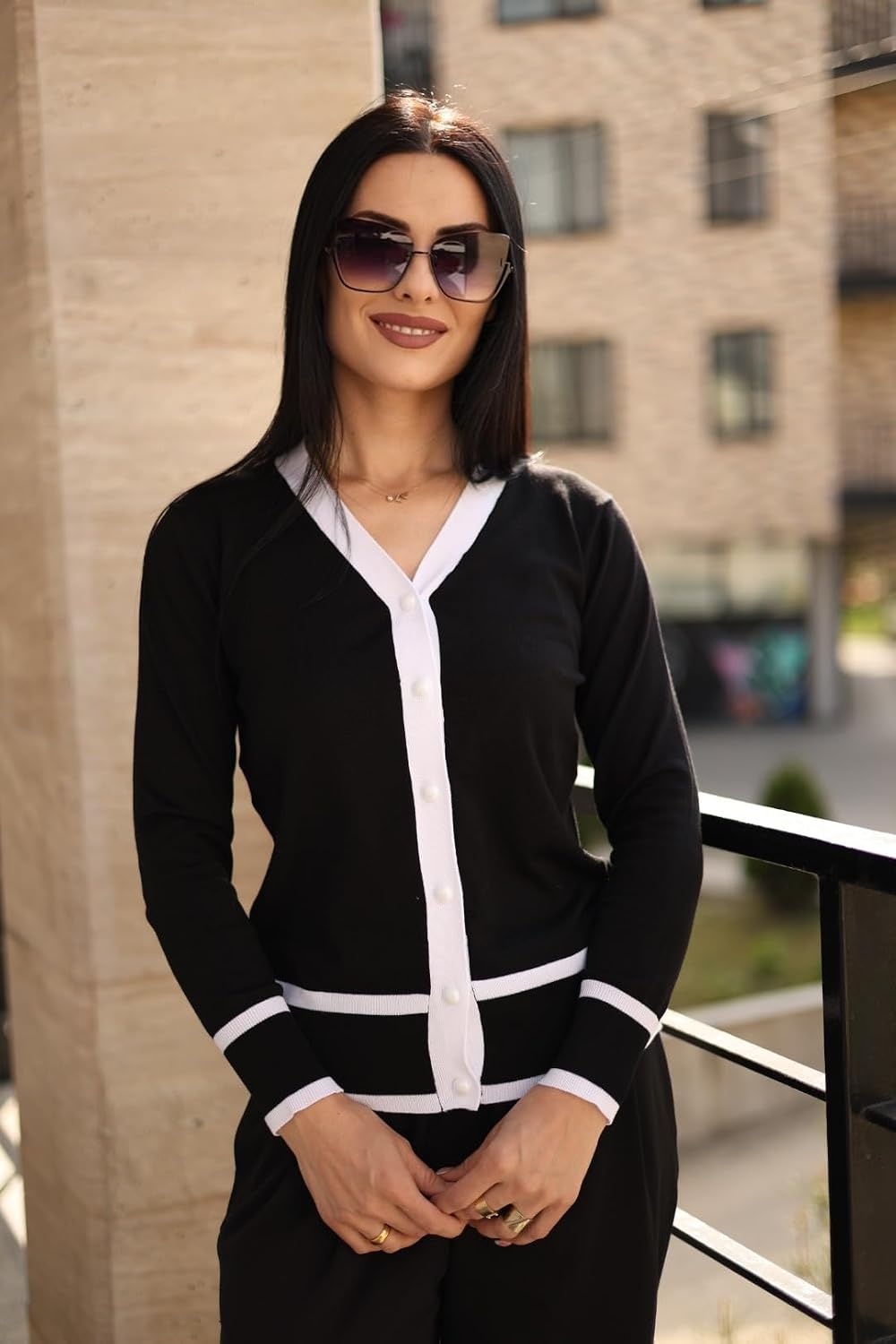 image:imageGRACE KARIN Cardigan Sweaters for Women Fall Lightweight Cropped CardiganBlack White