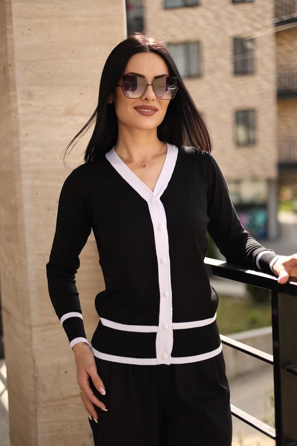 image:imageGRACE KARIN Cardigan Sweaters for Women Fall Lightweight Cropped CardiganBlack White