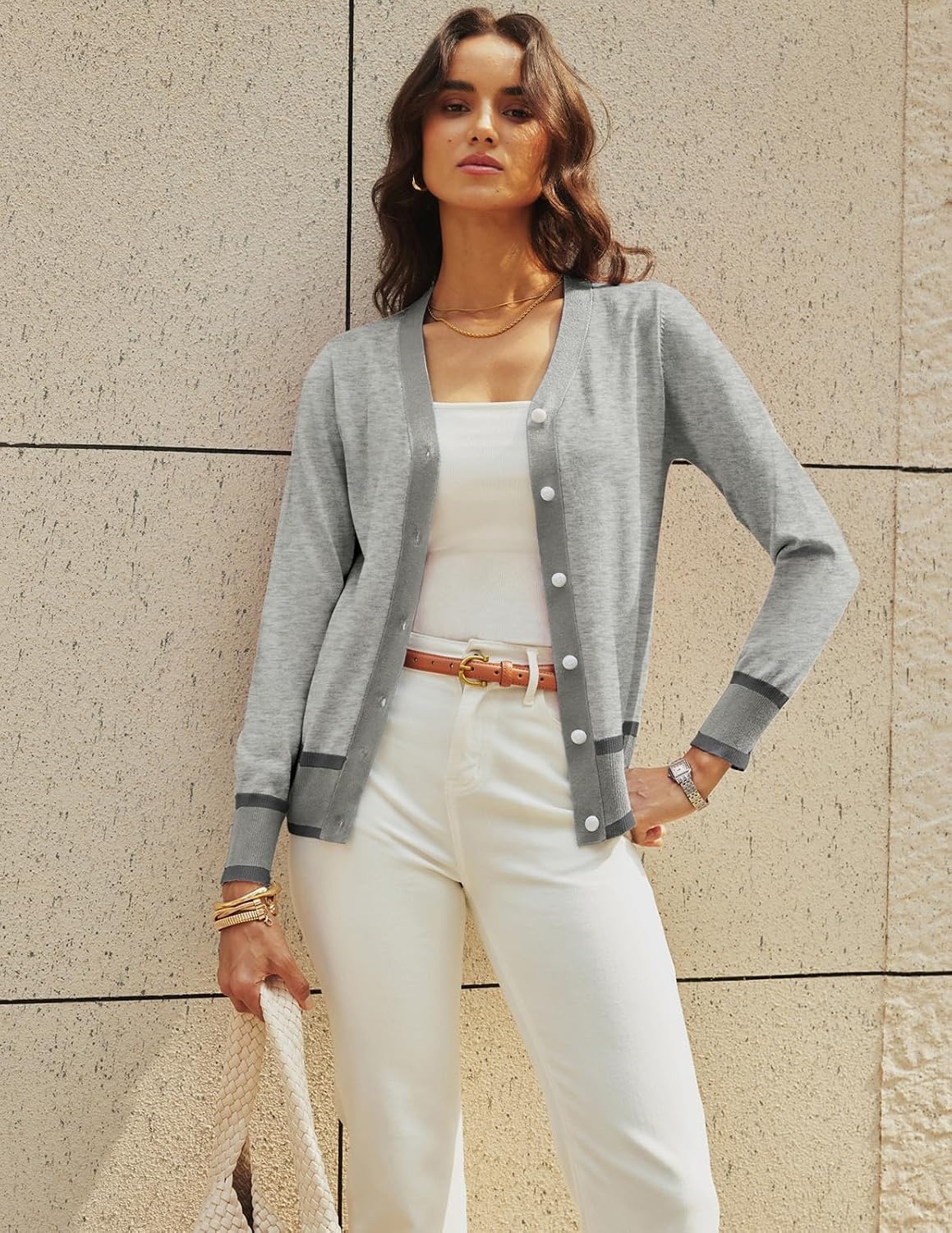 image:imageGRACE KARIN Cardigan Sweaters for Women Fall Lightweight Cropped CardiganContrast Grey