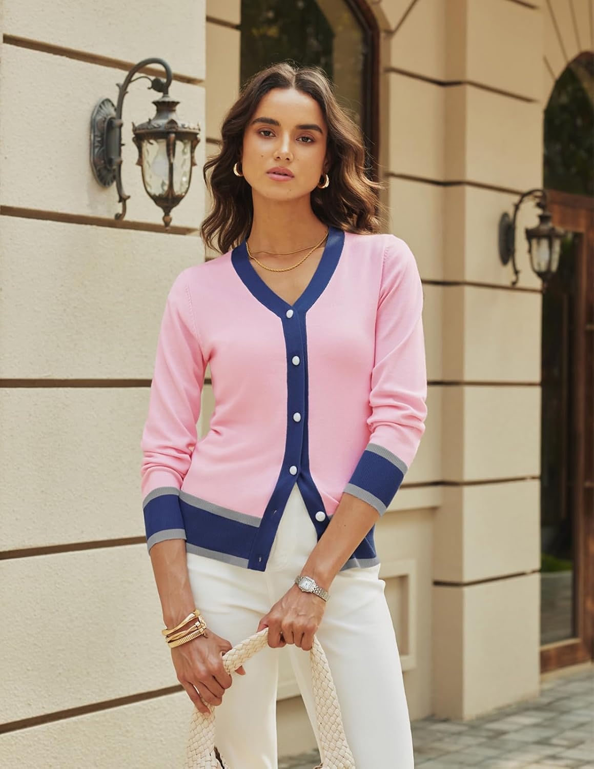 image:imageGRACE KARIN Cardigan Sweaters for Women Fall Lightweight Cropped CardiganPink Navy