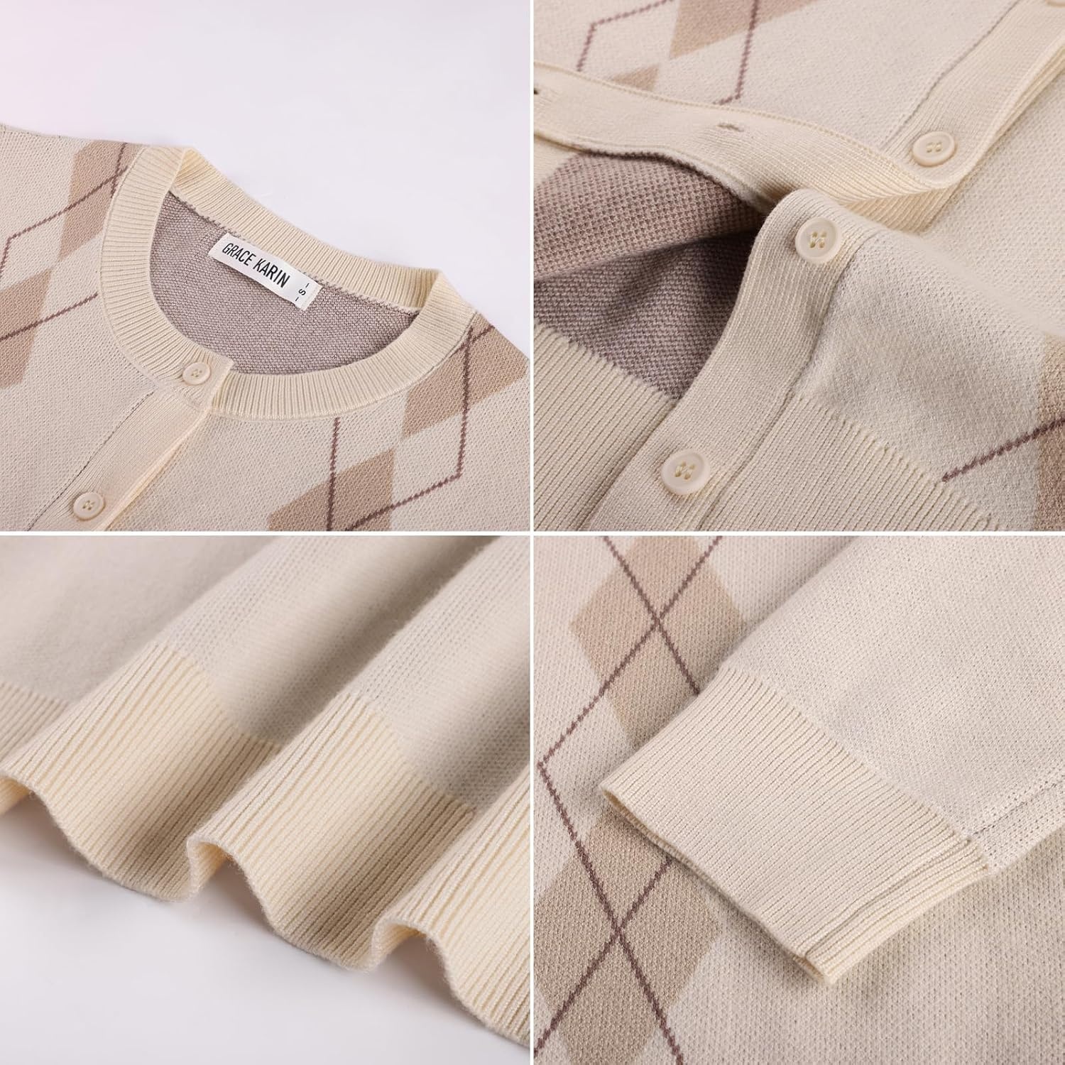 image:imageGRACE KARIN Cardigan for Women Argyle Fall Sweaters Cozy Teacher OutfitsArgyle Beige