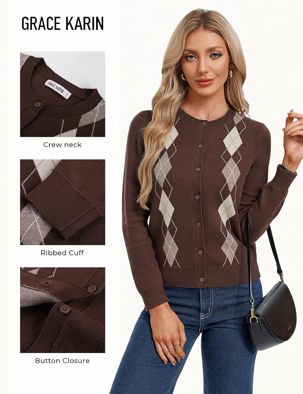image:imageGRACE KARIN Cardigan for Women Argyle Fall Sweaters Cozy Teacher OutfitsArgyle Brown