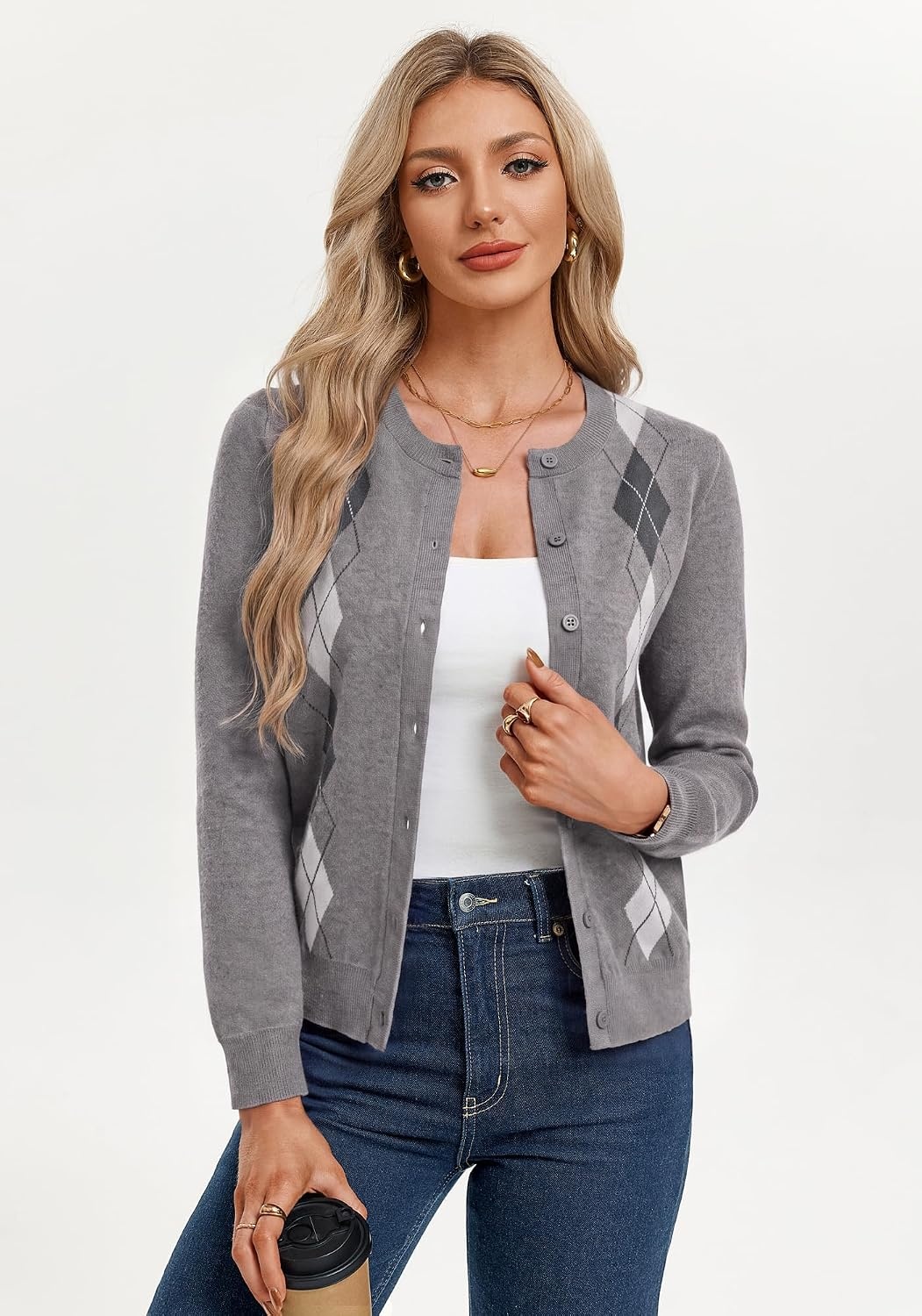 image:imageGRACE KARIN Cardigan for Women Argyle Fall Sweaters Cozy Teacher OutfitsArgyle Dark Grey