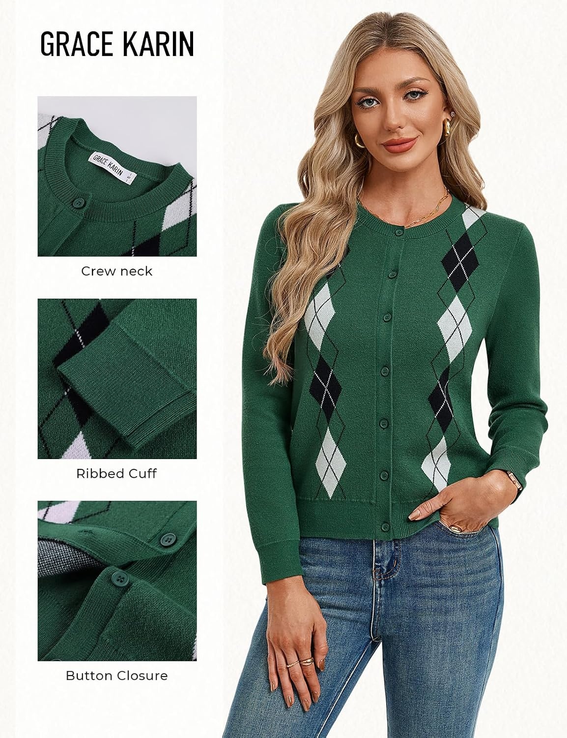 image:imageGRACE KARIN Cardigan for Women Argyle Fall Sweaters Cozy Teacher OutfitsArgyle Green