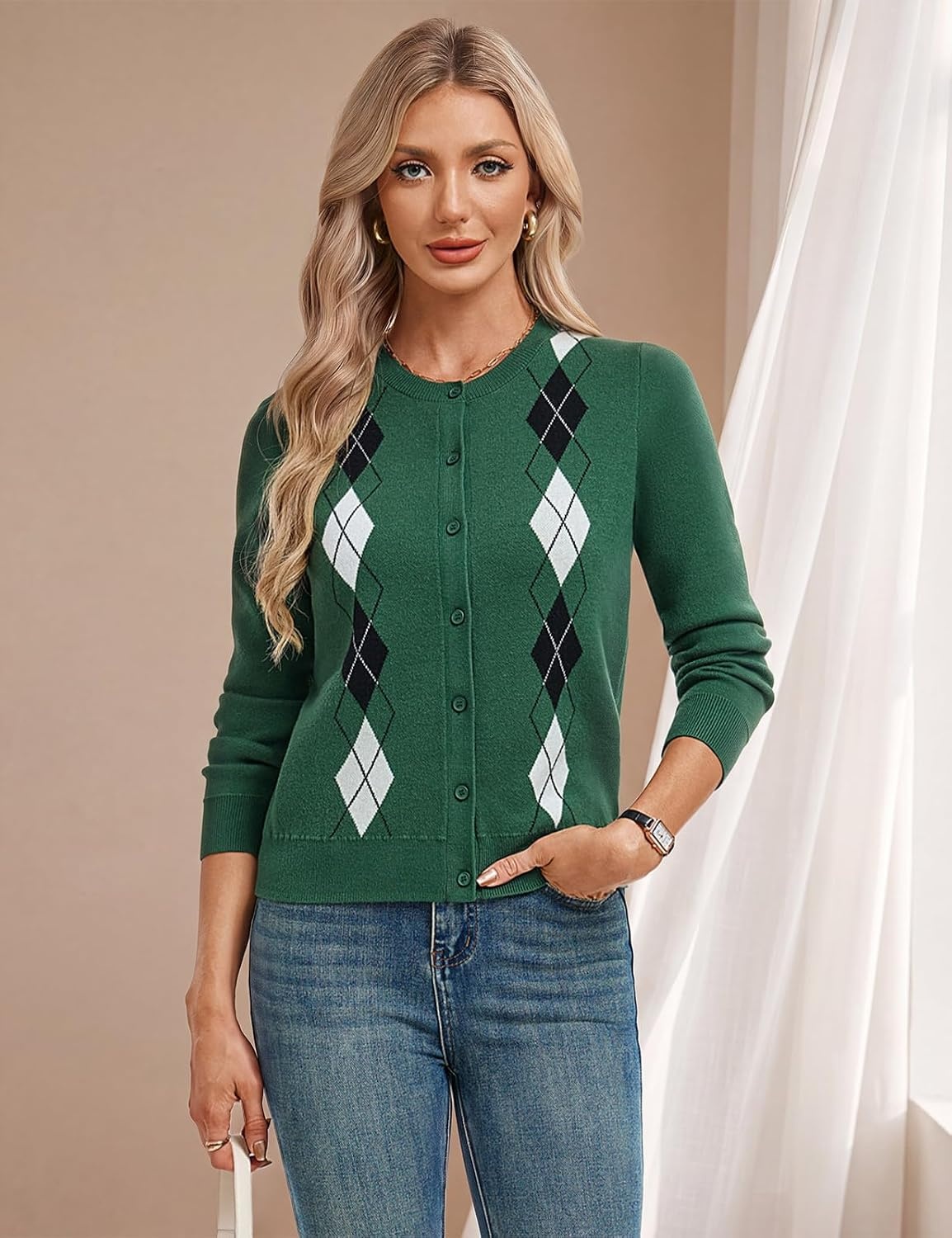 image:imageGRACE KARIN Cardigan for Women Argyle Fall Sweaters Cozy Teacher OutfitsArgyle Green