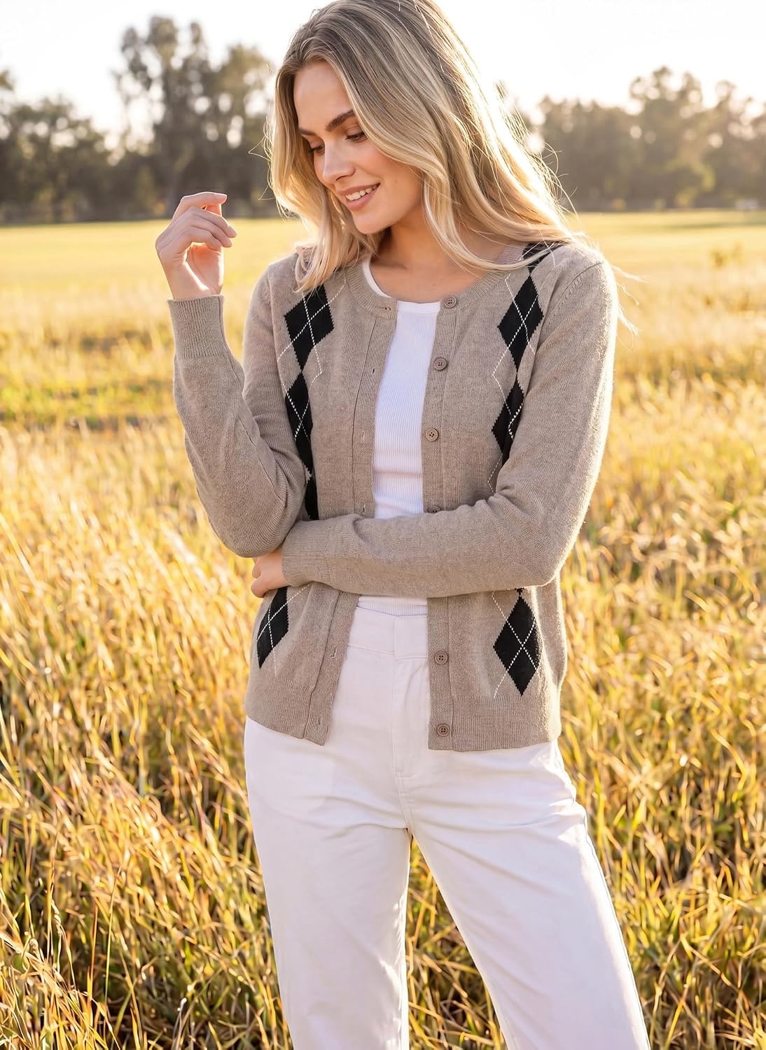 image:imageGRACE KARIN Cardigan for Women Argyle Fall Sweaters Cozy Teacher OutfitsArgyle Khaki