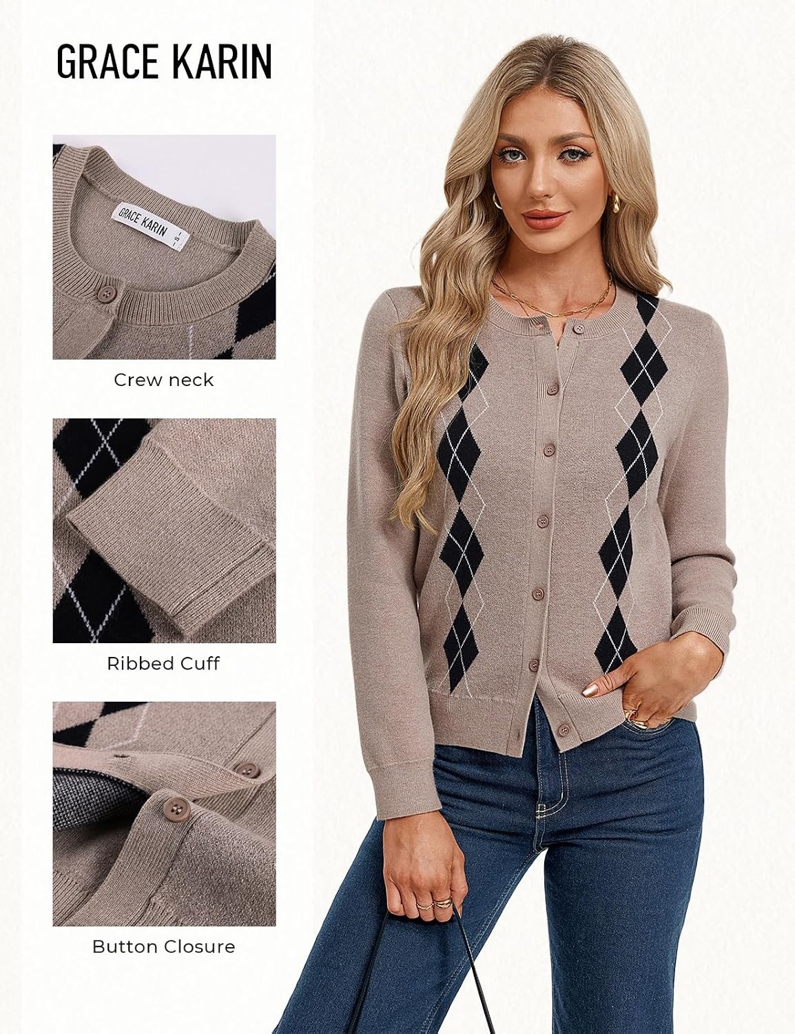 image:imageGRACE KARIN Cardigan for Women Argyle Fall Sweaters Cozy Teacher OutfitsArgyle Khaki