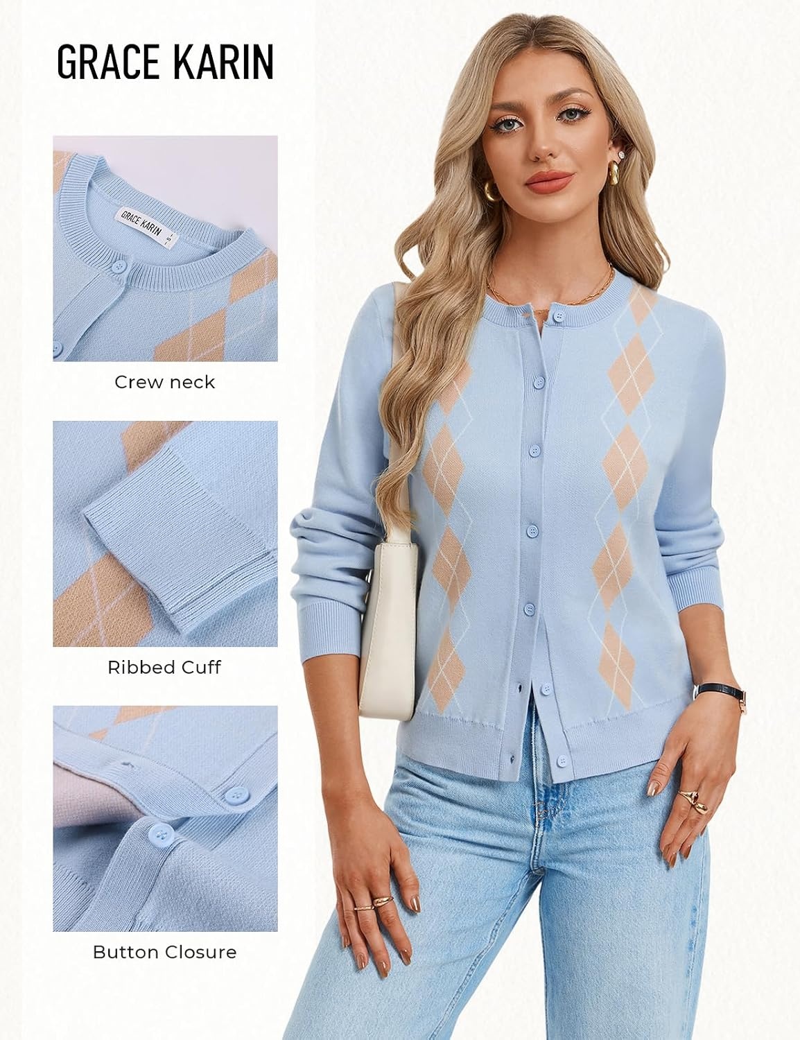 image:imageGRACE KARIN Cardigan for Women Argyle Fall Sweaters Cozy Teacher OutfitsArgyle Light Blue