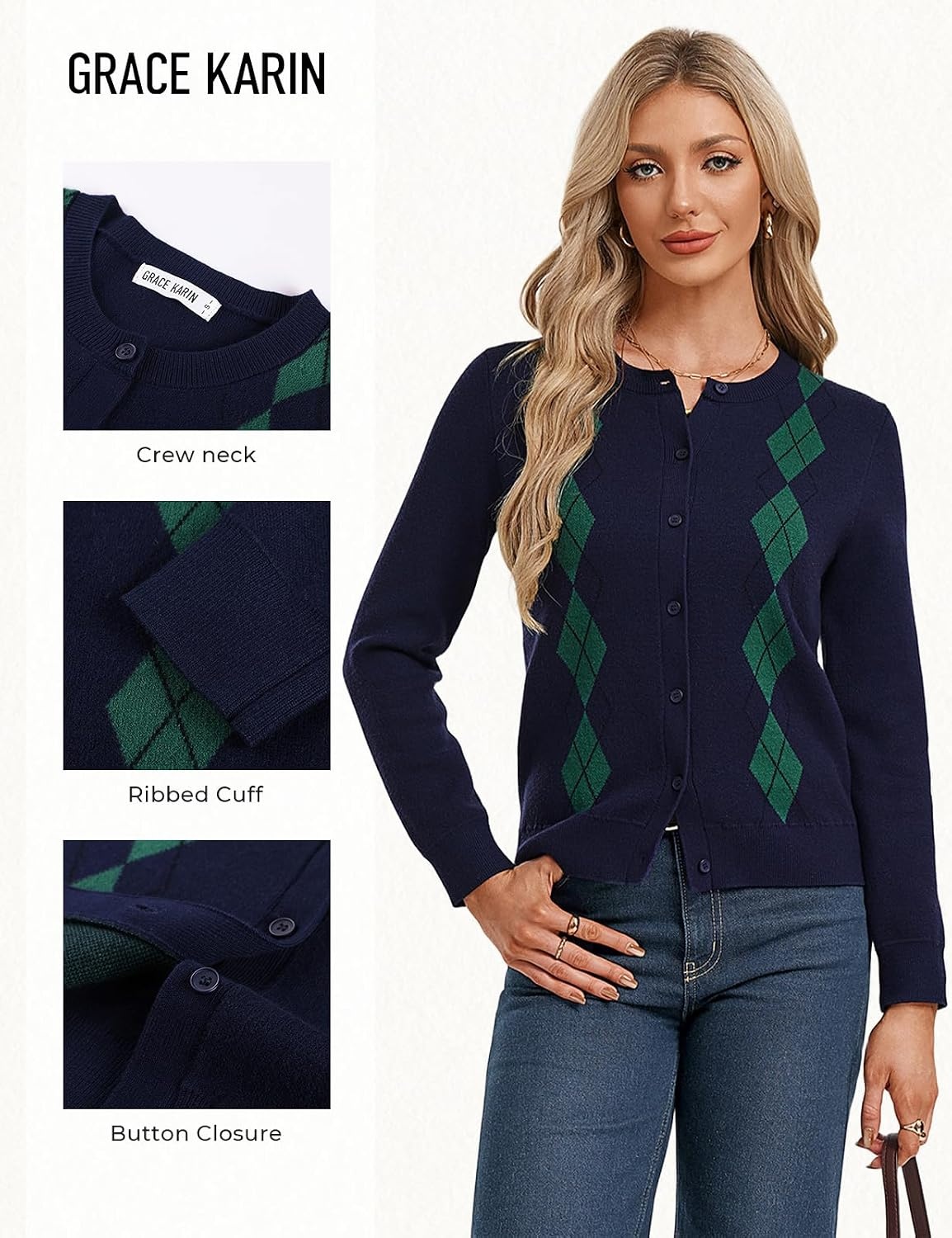 image:imageGRACE KARIN Cardigan for Women Argyle Fall Sweaters Cozy Teacher OutfitsArgyle Navy Blue