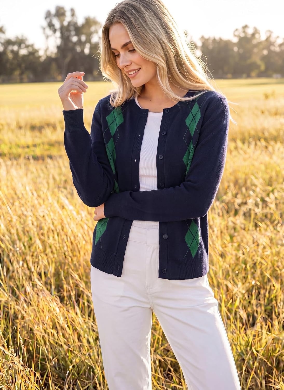image:imageGRACE KARIN Cardigan for Women Argyle Fall Sweaters Cozy Teacher OutfitsArgyle Navy Blue