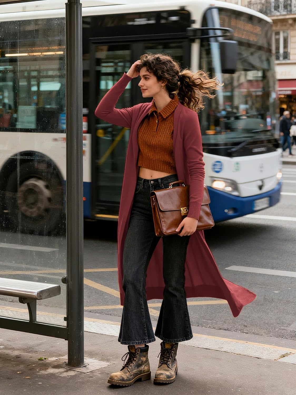 image:imageGRACE KARIN Essential Solid Open Front Maxi Long Knitted Cardigan Sweater for WomenBrown Red