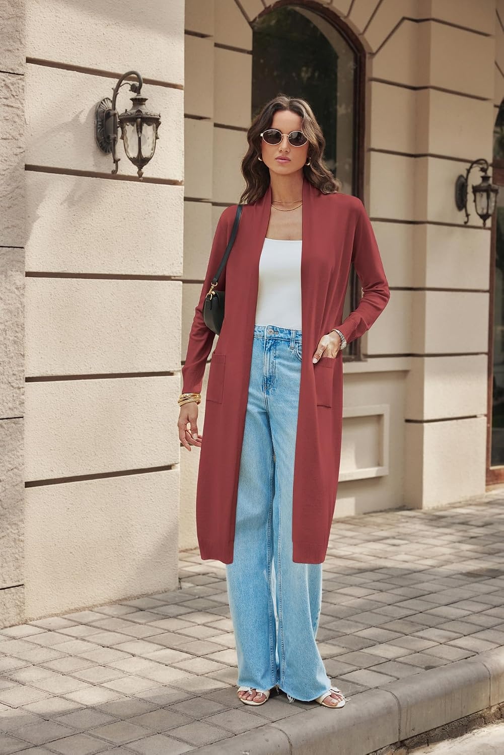 image:imageGRACE KARIN Essential Solid Open Front Maxi Long Knitted Cardigan Sweater for WomenBrown Red