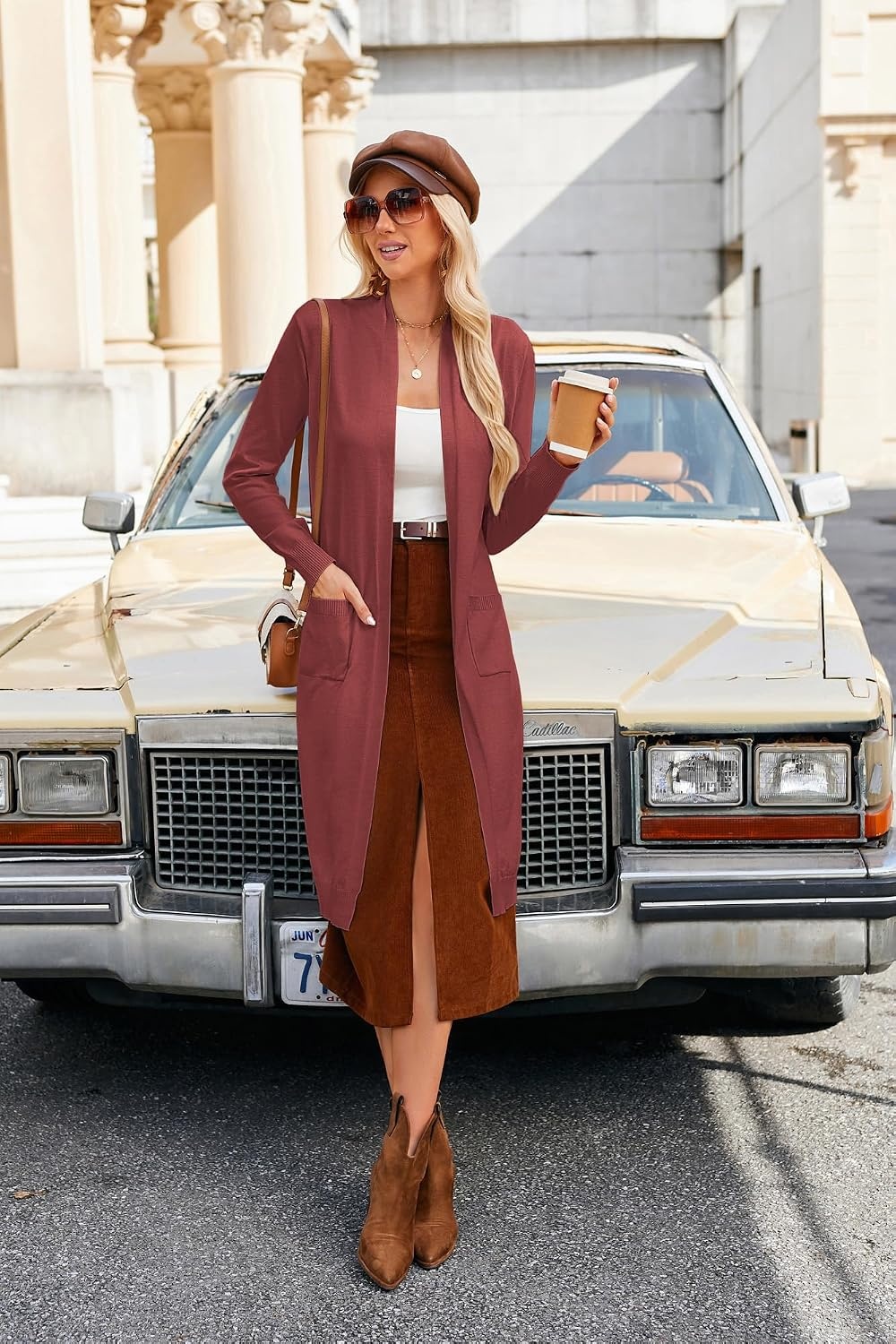 image:imageGRACE KARIN Essential Solid Open Front Maxi Long Knitted Cardigan Sweater for WomenBrown Red