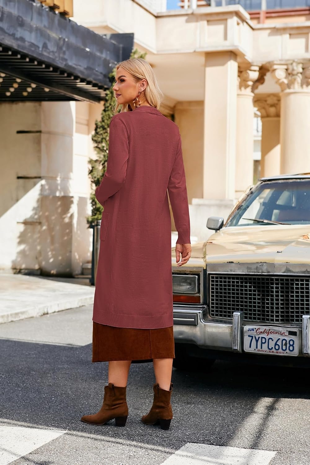 image:imageGRACE KARIN Essential Solid Open Front Maxi Long Knitted Cardigan Sweater for WomenBrown Red