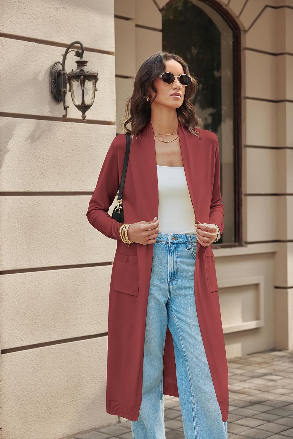 image:imageGRACE KARIN Essential Solid Open Front Maxi Long Knitted Cardigan Sweater for WomenBrown Red