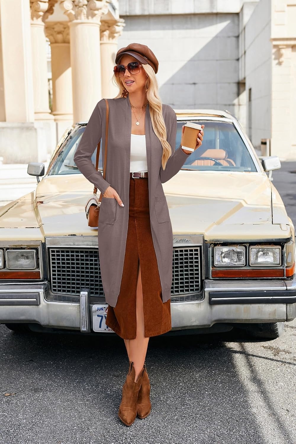image:imageGRACE KARIN Essential Solid Open Front Maxi Long Knitted Cardigan Sweater for WomenChocolate