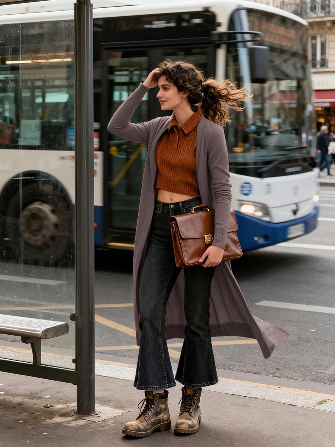 image:imageGRACE KARIN Essential Solid Open Front Maxi Long Knitted Cardigan Sweater for WomenChocolate