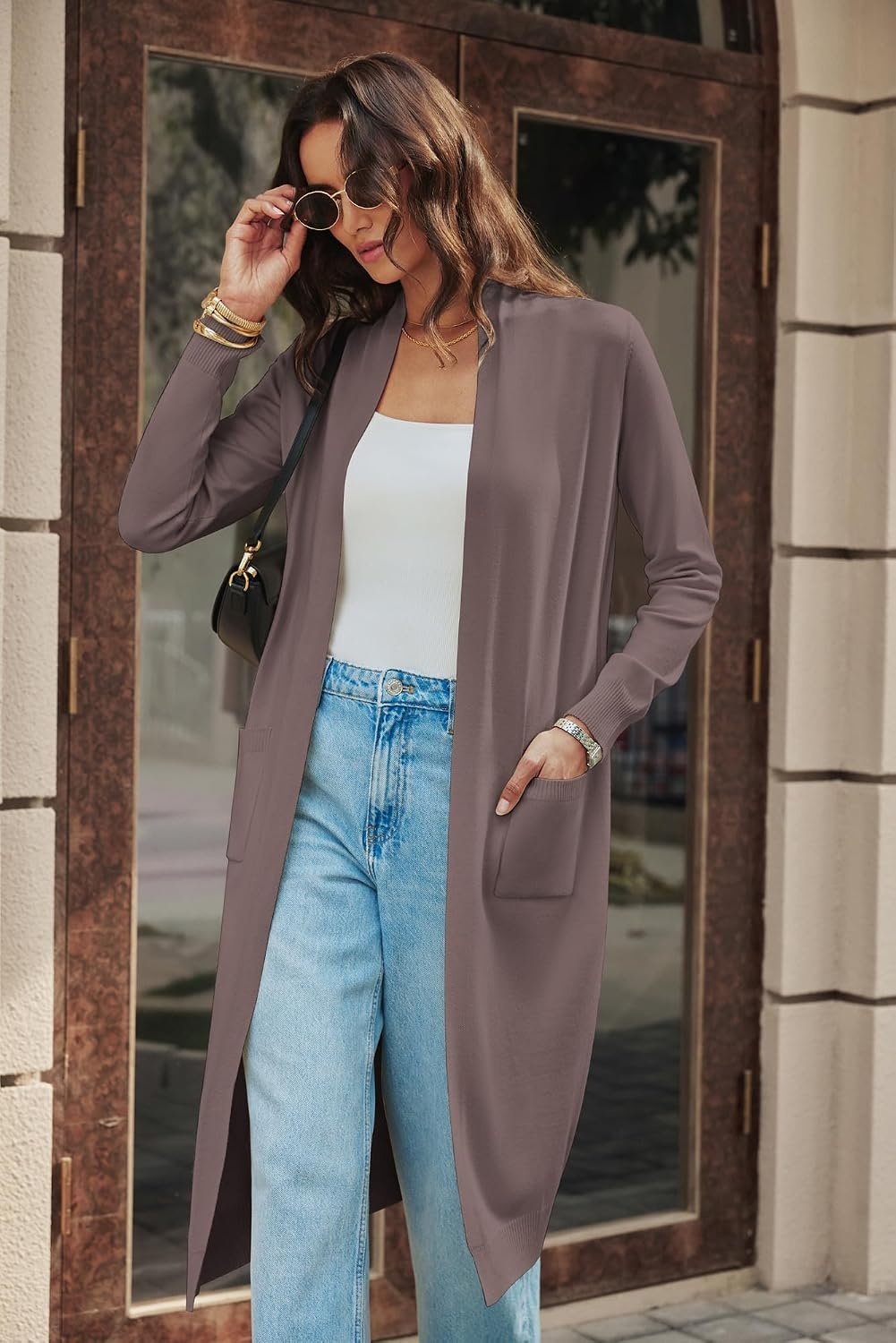 image:imageGRACE KARIN Essential Solid Open Front Maxi Long Knitted Cardigan Sweater for WomenChocolate