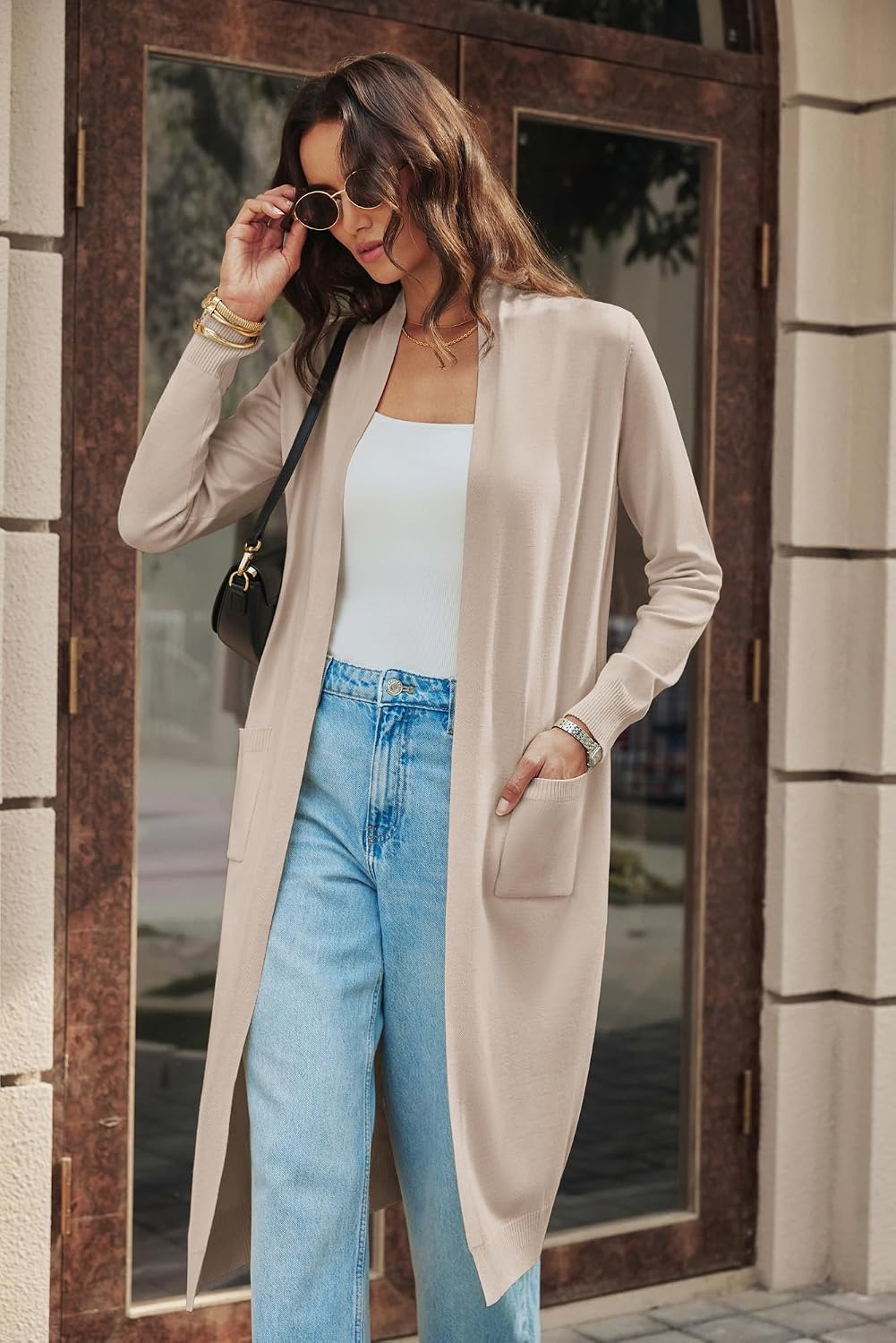 image:imageGRACE KARIN Essential Solid Open Front Maxi Long Knitted Cardigan Sweater for WomenDark Apricot