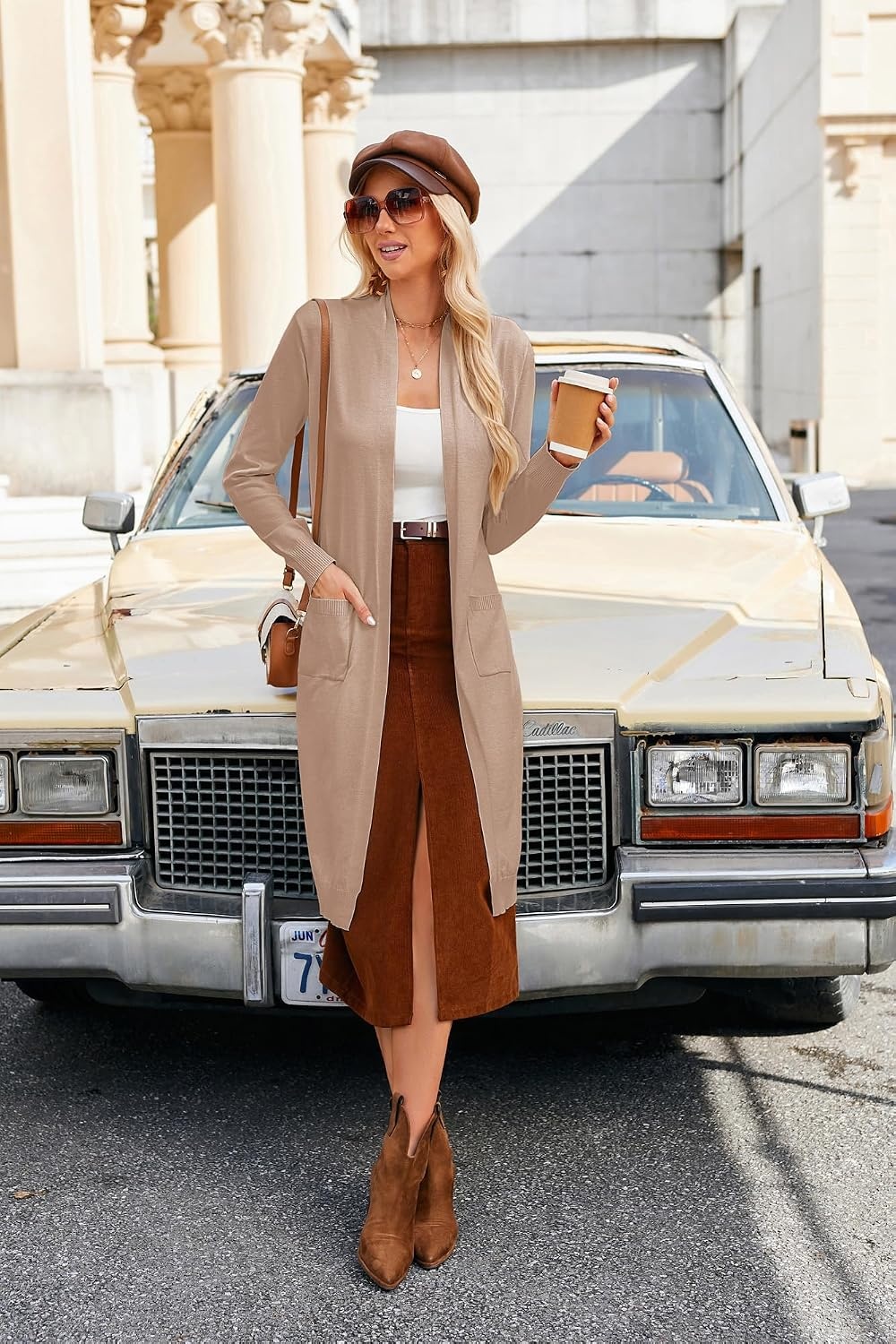 image:imageGRACE KARIN Essential Solid Open Front Maxi Long Knitted Cardigan Sweater for WomenDark Camel